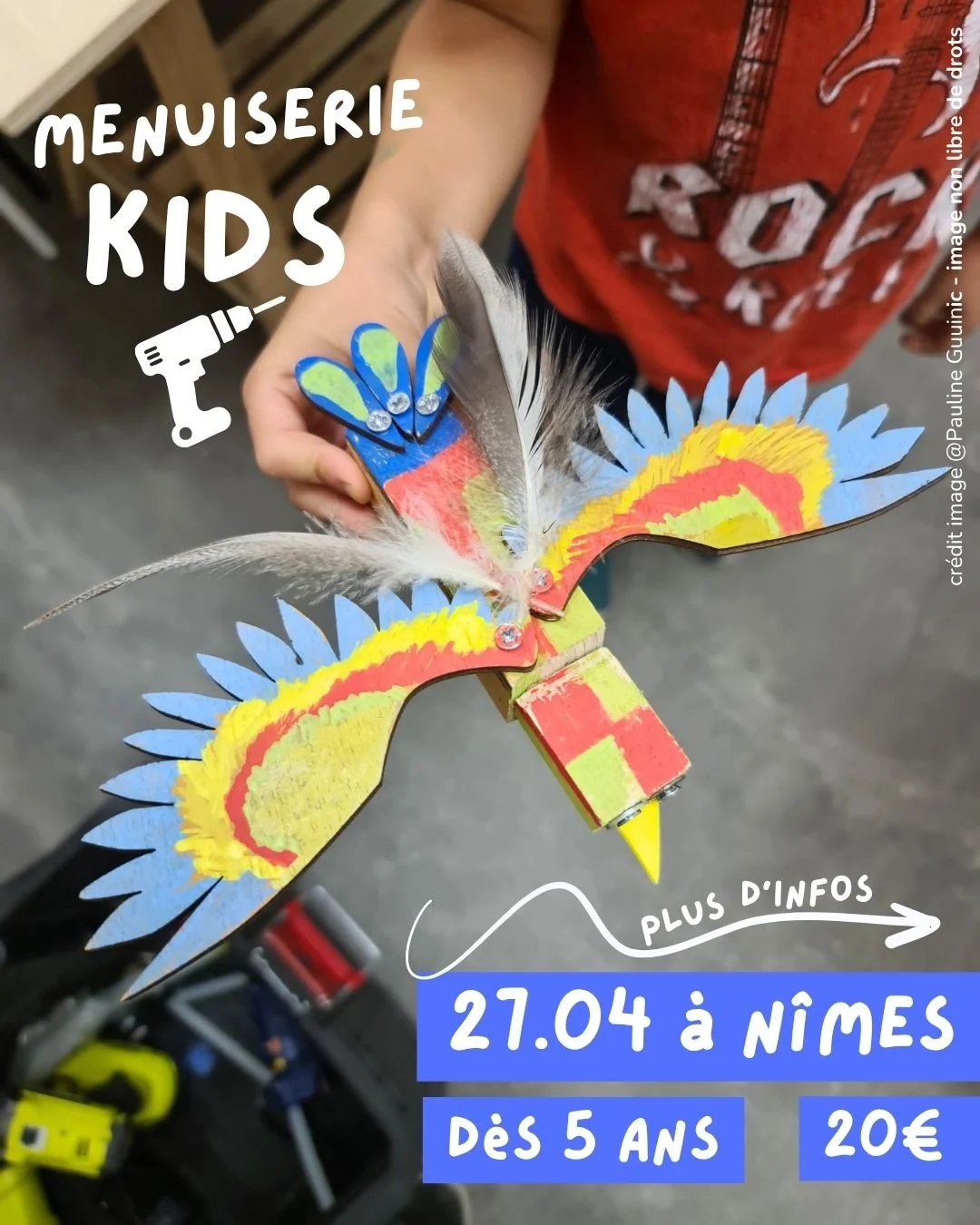 📌 OISEAU DE BOIS pour les KIDS 👉

👩&zwj;👧Atelier bricolage en famille ! 
📅 RDV Lundi 27.04 de 10h30 &agrave; 12h &agrave; N&icirc;mes
🔨 pour fabriquer un oiseau ARC-EN-CIEL avec ton enfant, d&egrave;s 5 ans.

📐 Au programme : 
- utilisation de