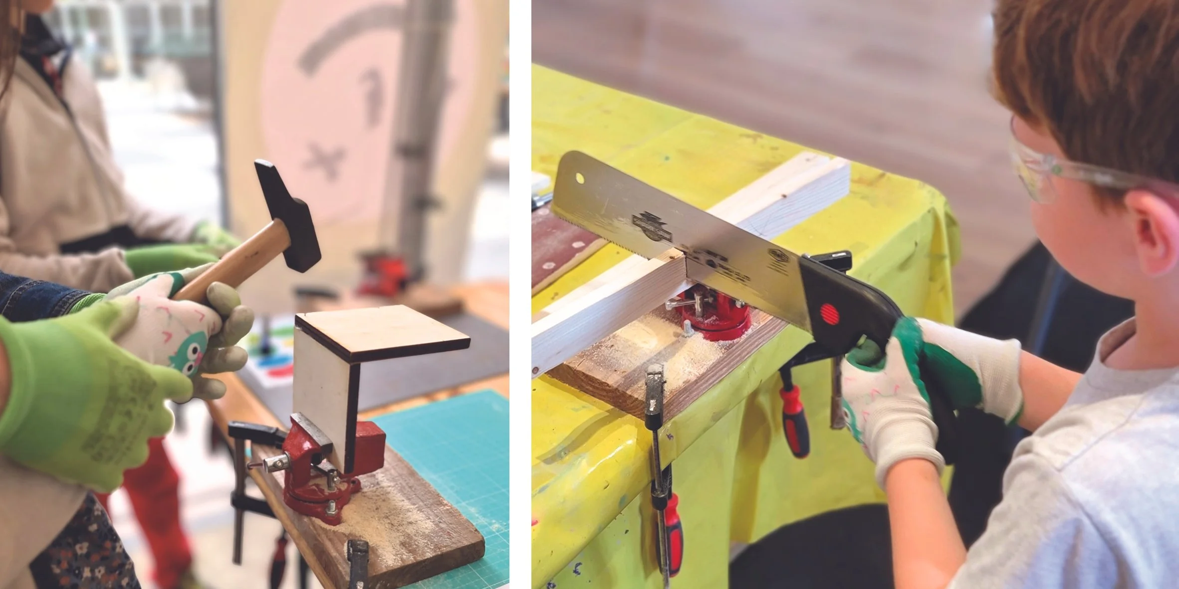 Trois photos d'enfants en train de bricoler avec des un marteau et une scie sur du bois