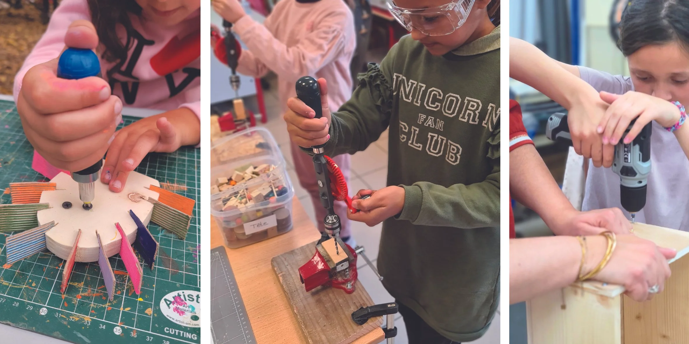 Trois photos d'enfants en train de de bricoler avec des perceuses et un tournevis sur du bois