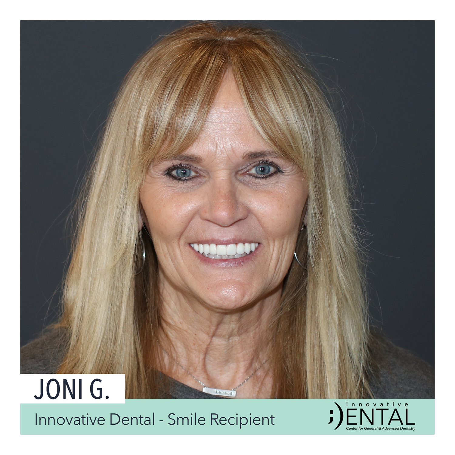 Innovative Smile Recipient for Dental Implants in Springfield, Missouri. Dental Implant Procedure with Dr. O, or Dr. Grant Olson for Patient. Dental Implant After Image for Teeth Supported by Dental Implants. No More Dentures.