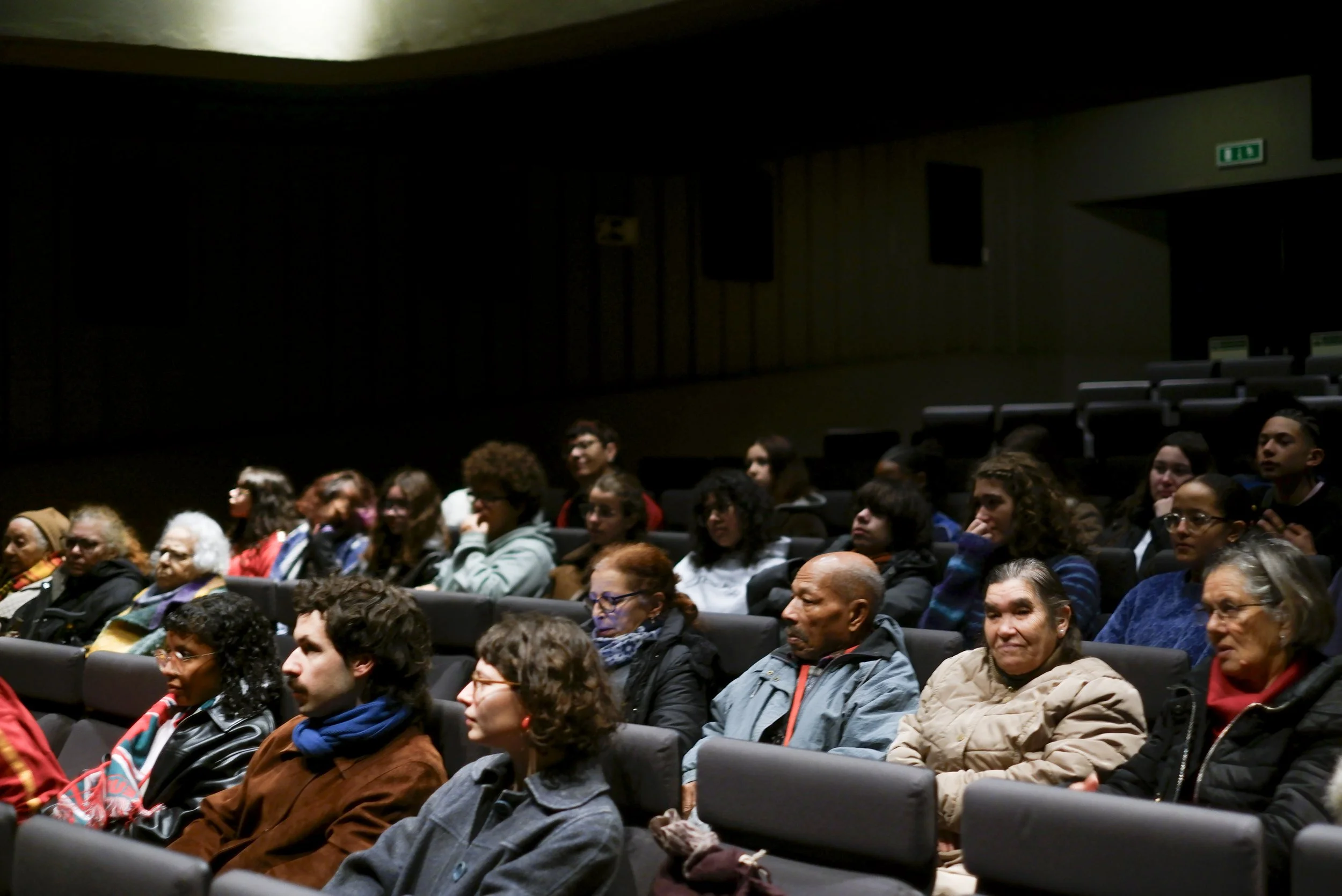 Uma sala de cinema com luz reduzida. Várias pessoas de diferentes idades estão sentadas em cadeiras acolchoadas cinzentas, voltadas para o ecrã.
