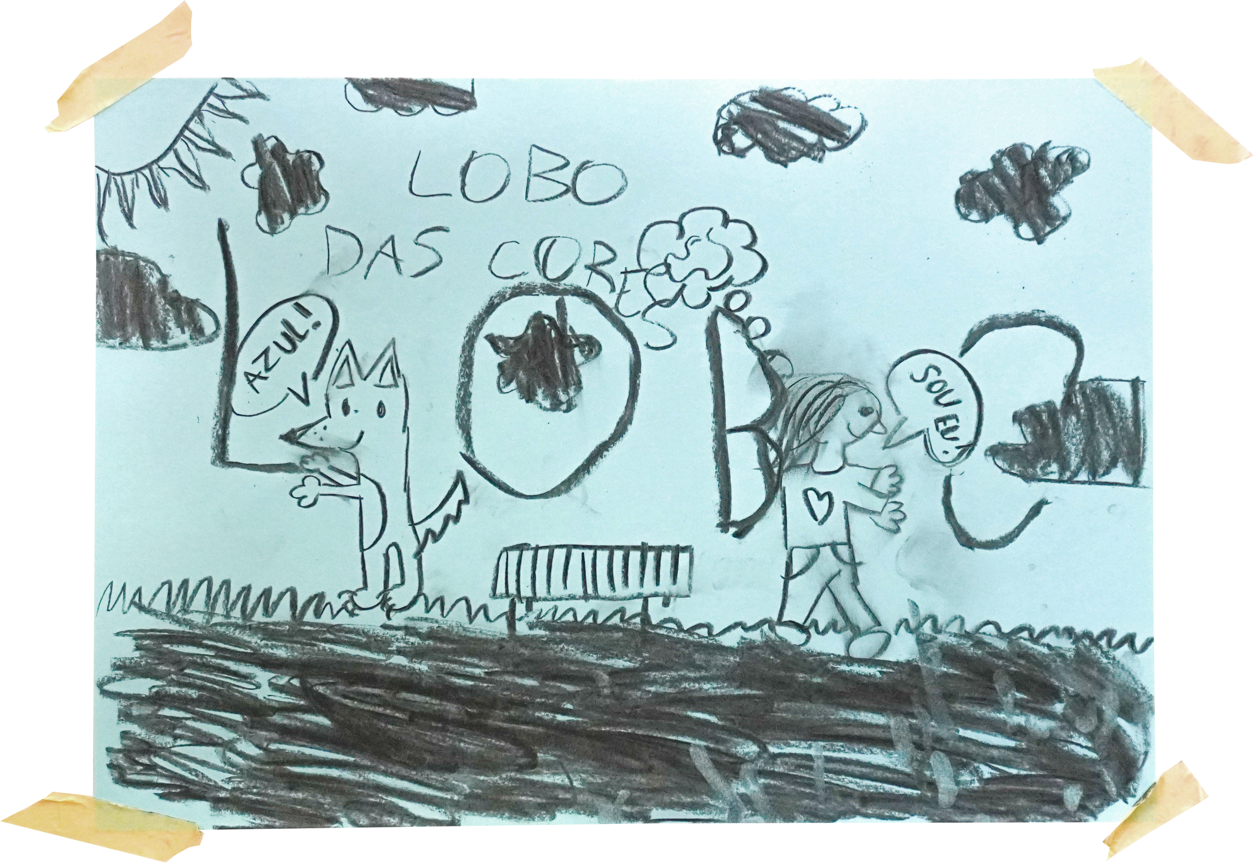 Frame do stop motion que ilustra a brincadeira  Lobo das Cores .  
Desenhado por  Duarte Martins e Madalena Esteves. 