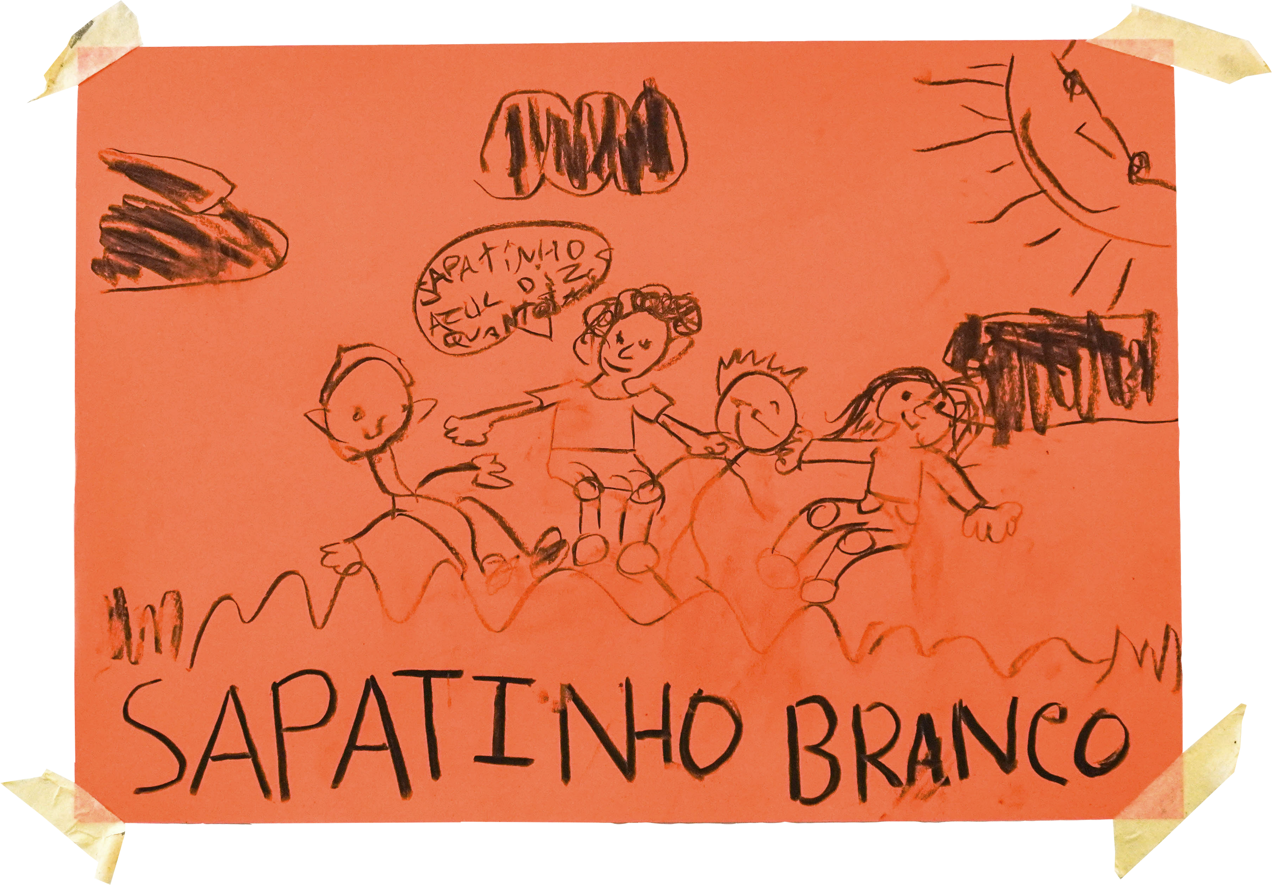 Frame do stop motion que ilustra a brincadeira  Sapatinho Branco Sapatinho Azul .  
Desenhado por  Duarte Martins, Husainur Rahman e Madalena Esteves. 