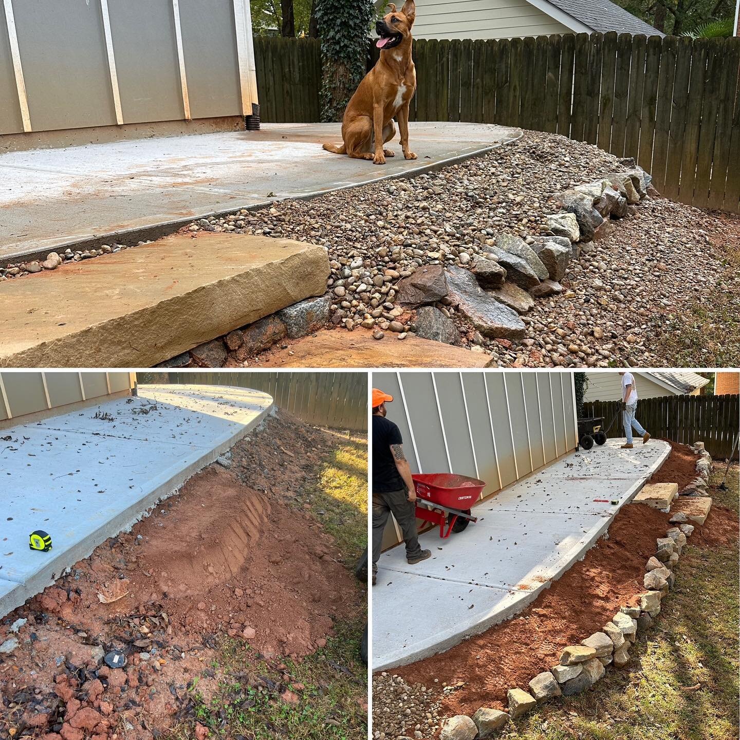 Before/after from a natural boulder retaining project from today 🪨 Bella seems to enjoy it! Work by @livefreediematt &amp; @cowboycurtys