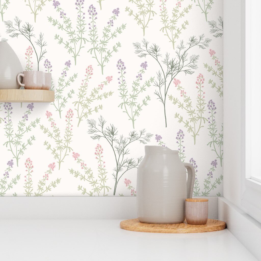 An &lsquo;Herb Garden&rsquo; for your walls! These watercolored thyme and dill plants from my Spoonflower shop are lovely on tea towels and napkins, but I think they&rsquo;d also work well on the walls of the kitchen in a country cottage. 
 
  #wallp