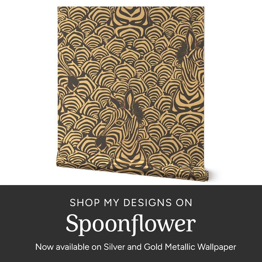 Was so excited to find my &lsquo;Glam Zebra with Art Deco Scallops&rsquo; design featured in Spoonflower&rsquo;s Gold Wild Glamour Editor&rsquo;s Picks Collection! I&rsquo;m a complete sucker for gold everything, and the metallic wallpapers don&rsquo