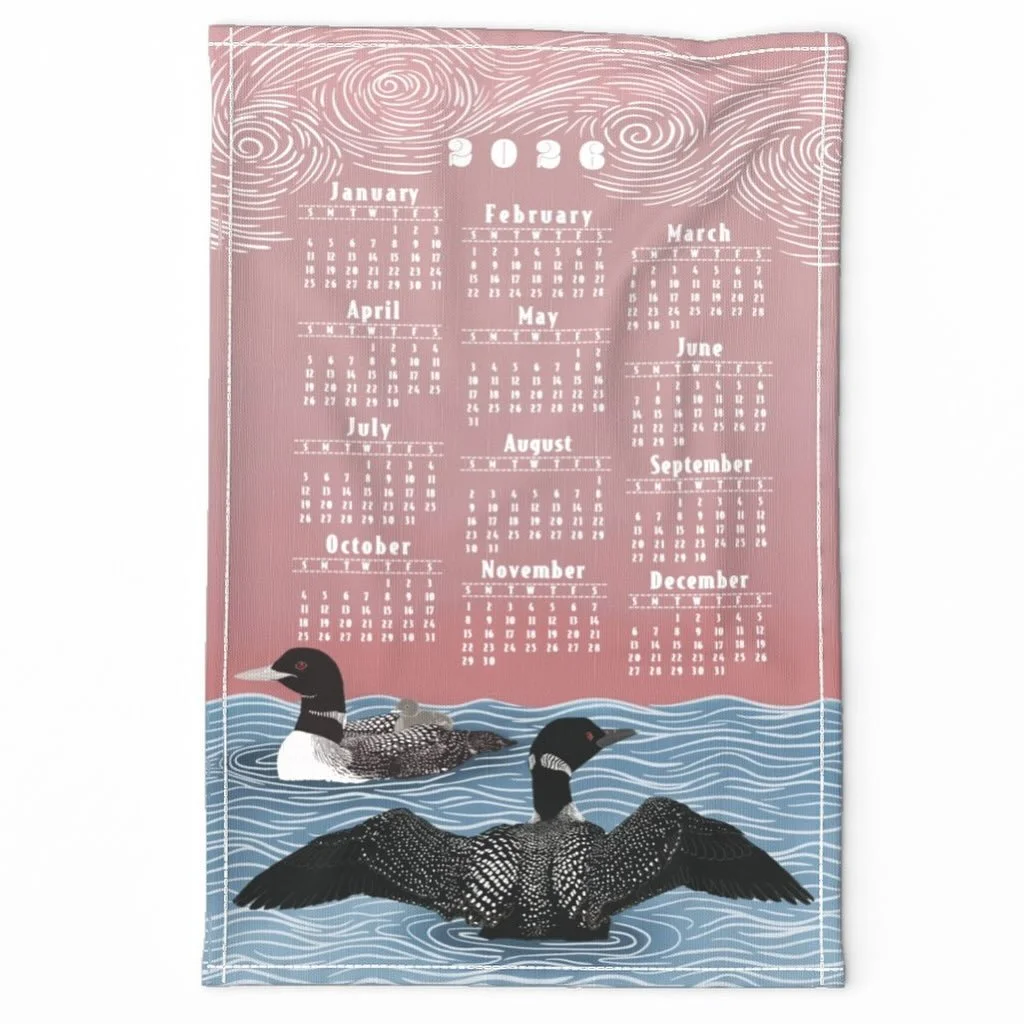 &ldquo;Loons on the Water&rdquo; is my entry for this week&rsquo;s 2026 Tea Towel Calendar Challenge on @spoonflower!
I went back and forth on the background color&mdash;my traditionalist heart loves the classic blue&mdash;but after some very passion