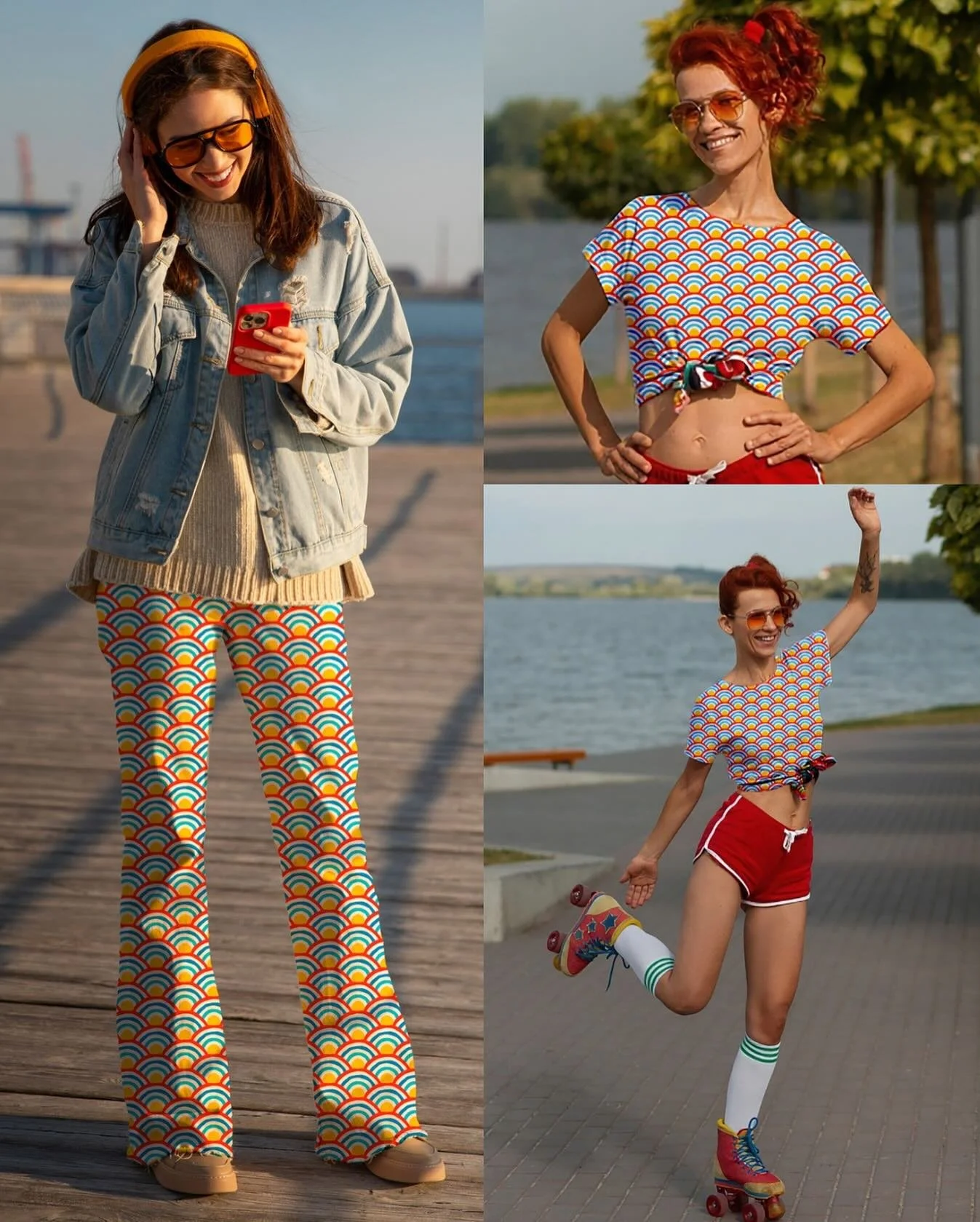 Couldn&rsquo;t resist popping my 80s Rainbow Brite Retro Japanese Seigaiha Waves design onto a few mockups to show off how groovy it looks on some fun, vintage-inspired clothes! 💃🕺
It&rsquo;s my entry for this week&rsquo;s @spoonflower challenge, a