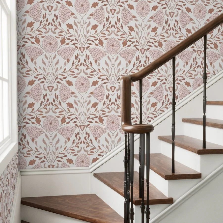 Soft blush and mocha florals with an Art Nouveau feel.
This retro botanical pattern adds a gentle bit of character to your walls without overwhelming the space. 
Find it in my @spoonflower shop:
&ldquo;retro art nouveau elegant floral botanical arabe