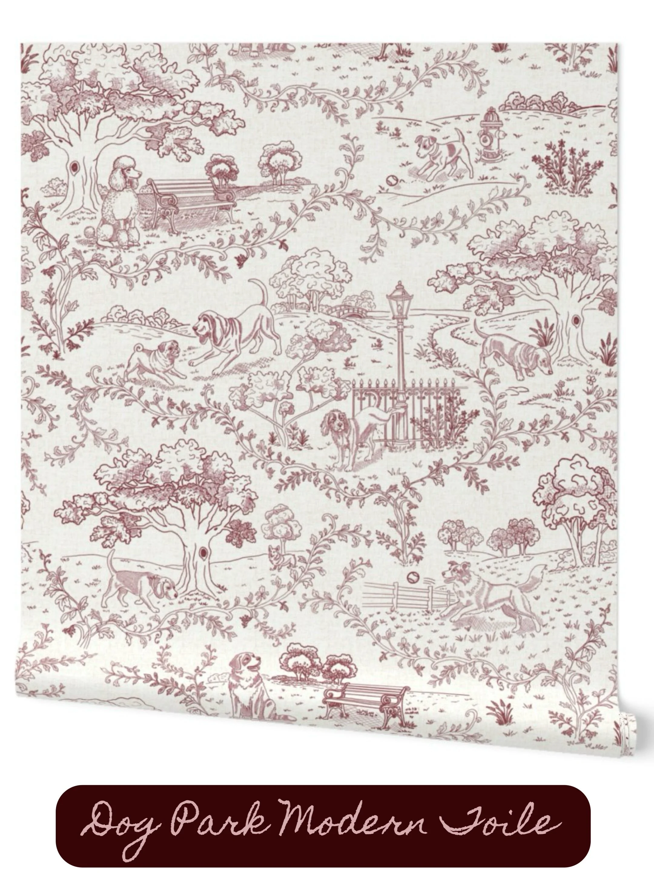 I love drawing toile patterns. They&rsquo;re probably my favorite patterns to make, even though they take me FOREVER. 😂
I treat each little scene like its own tiny piece of art, and this dog park toile was no exception. I got especially carried away