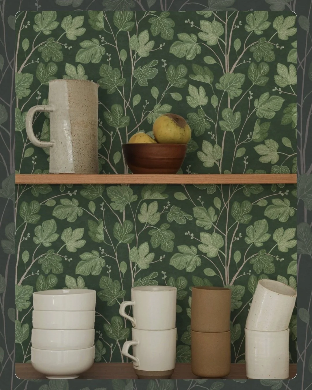 For those who like their botanicals with a little mood and mystery -
Fig Tree Botanical Trailing Foliage Wallpaper pairs layered fig leaves and delicate trailing branches with a softly textured, stone-like background for a look that feels earthy and 