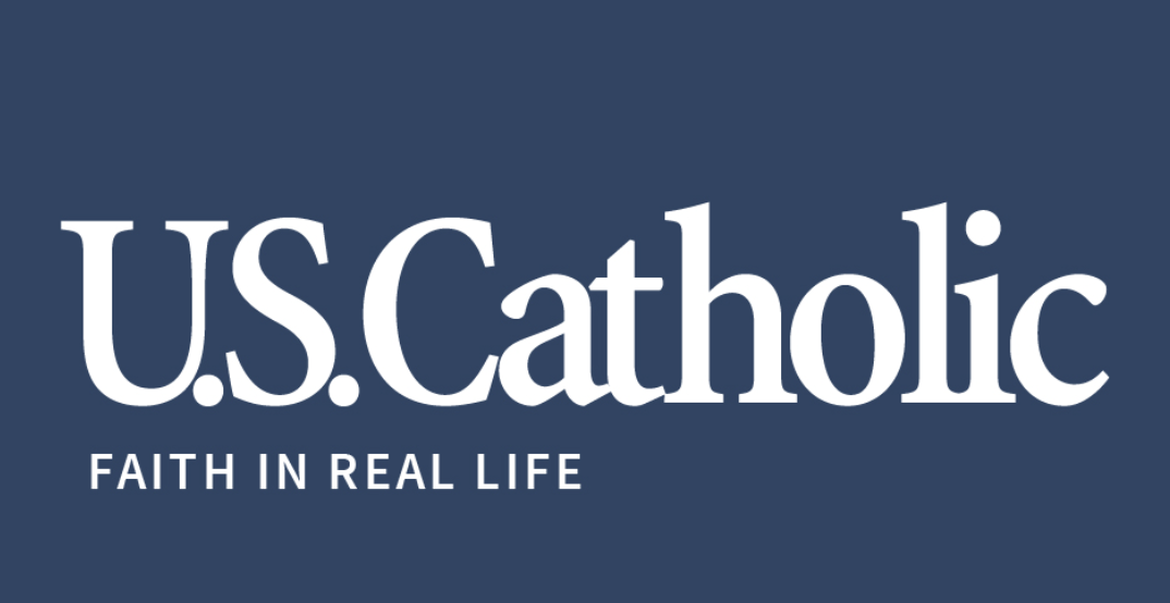 U.S. Catholic logo with the slogan 'Faith in Real Life' on a dark blue background.