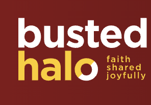Logo with the words "busted halo" in white and yellow text on a red background, with smaller yellow text saying "faith shared joyfully" to the right.