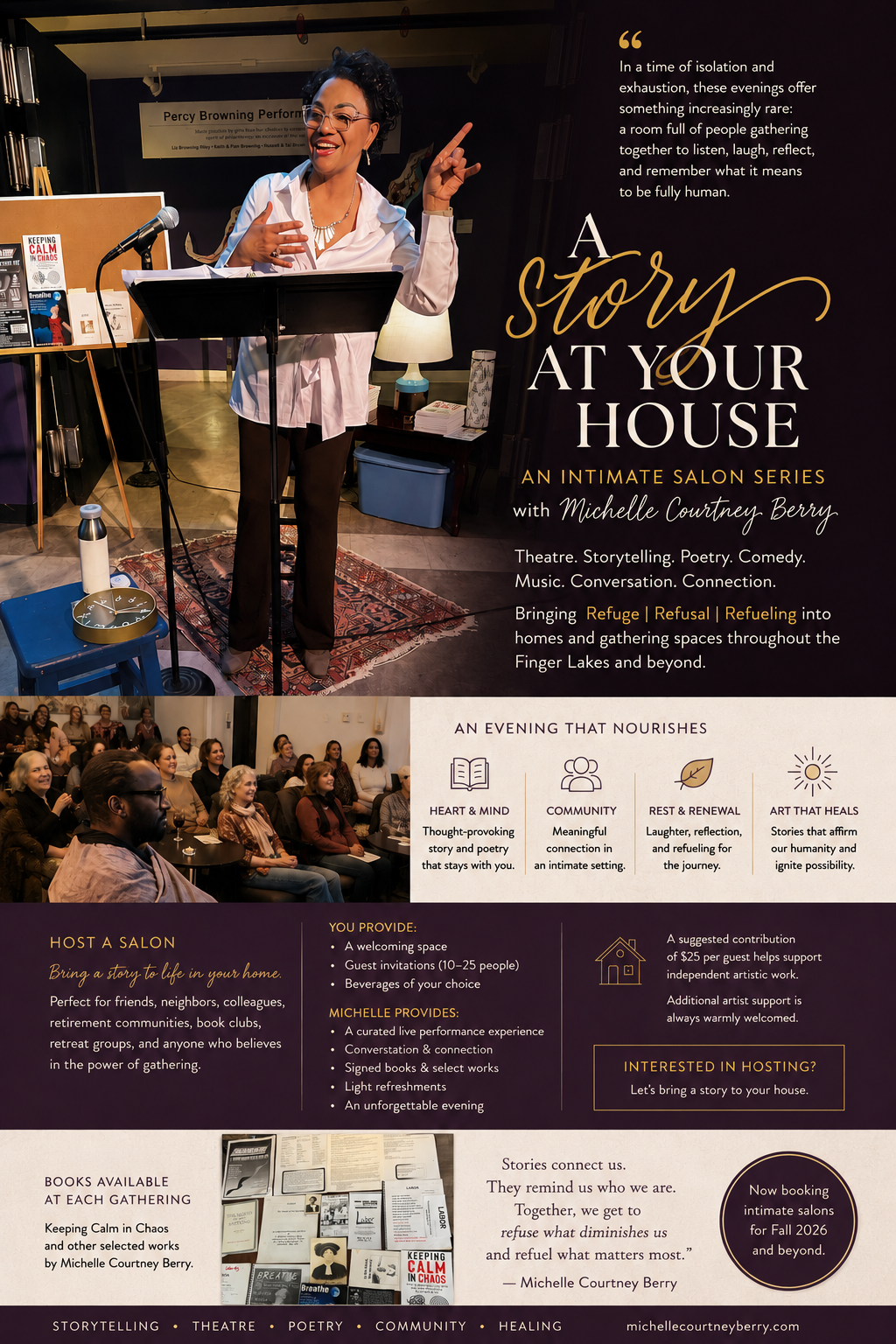 Official promotional poster for A Story at Your House, an intimate evening series fusing custom poetry performation, stand-up comedy, and community dialogue featuring independent artist Michelle Courtney Berry.
