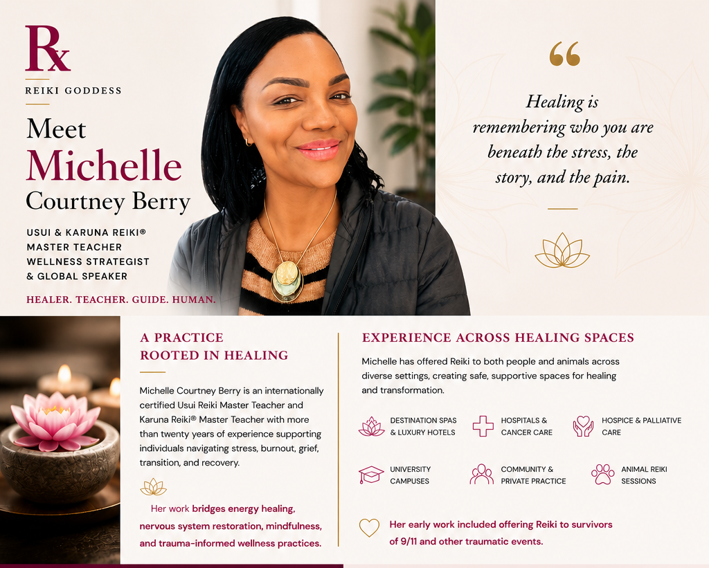 Official brand graphic for Reiki Goddess™, featuring Usui and Karuna Reiki Master Teacher Michelle Courtney Berry, offering energy healing resets, stress mitigation, and certified lineage trainings since 2010.