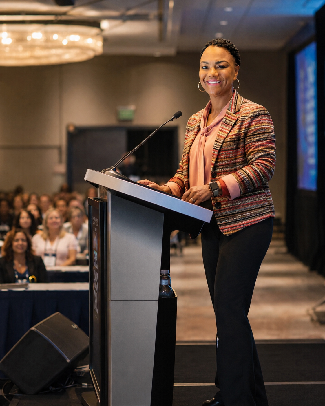 A woman giving a speech or presentation at a conference or event, standing at a podium with a large audience in the background.