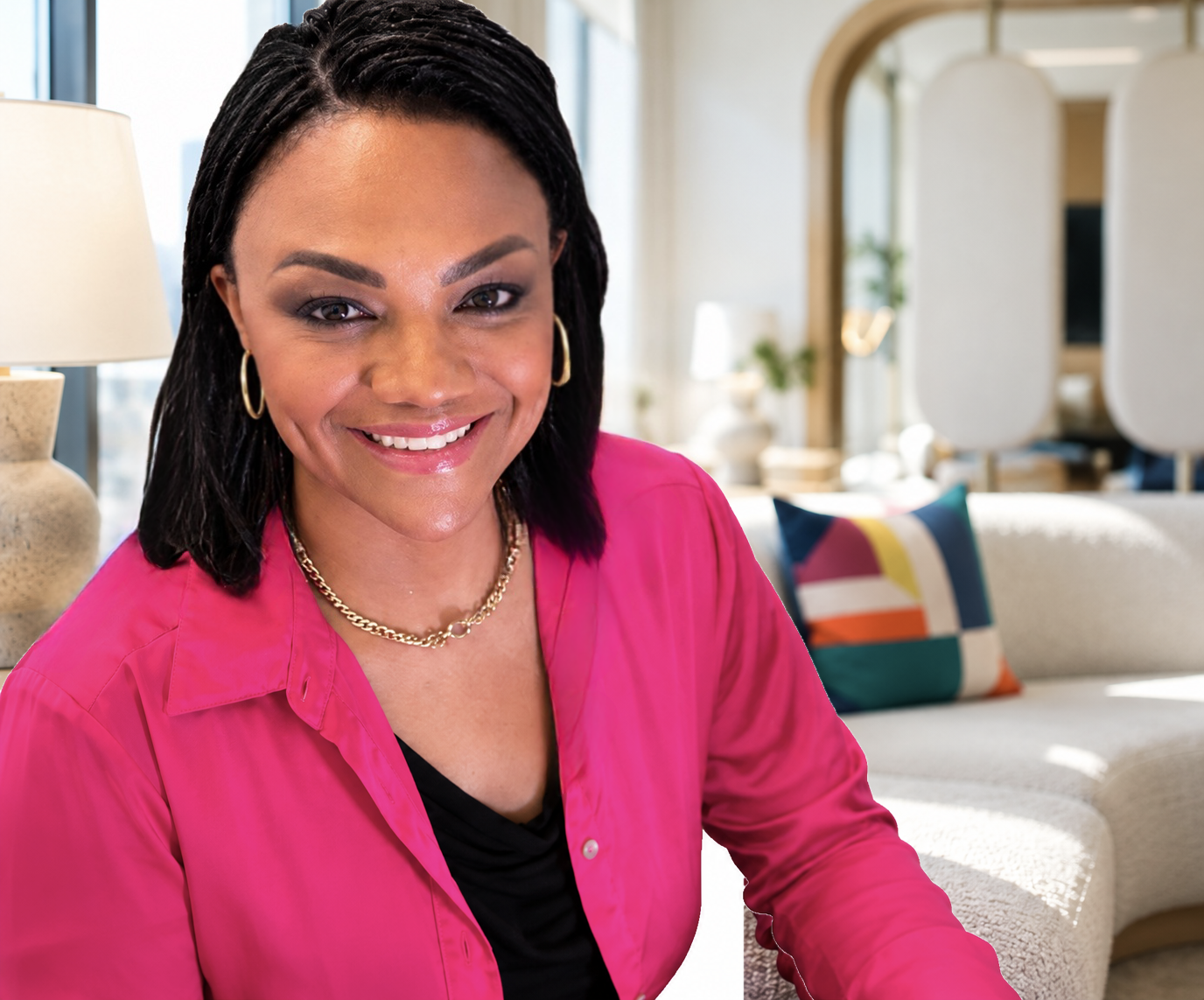 Michelle Courtney Berry wearing a bright pink blouse, seated in a light-filled contemporary office lounge with cream furnishings.