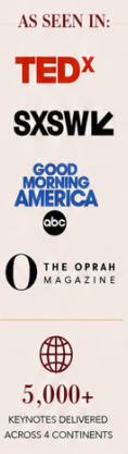 Graphic highlighting Michelle Courtney Berry's TEDx, SXSW, Good Morning America, and O Magazine appearances and more than 5,000 presentations.