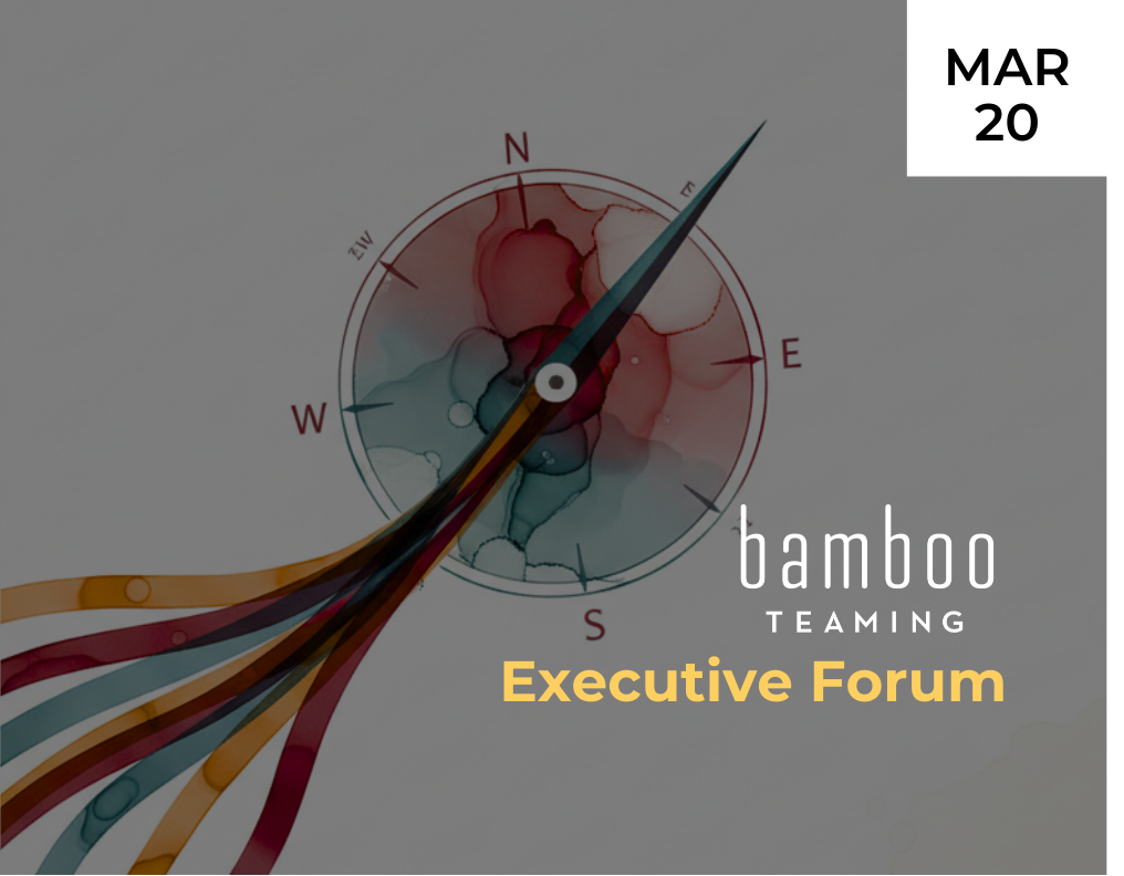 Editorial graphic. Separate lines representing team members misaligned converging into a compass needle pointing in the same direction as the compass needle. With alignment, now heading in the same direction. Text: Bamboo Teaming Executive Forum
