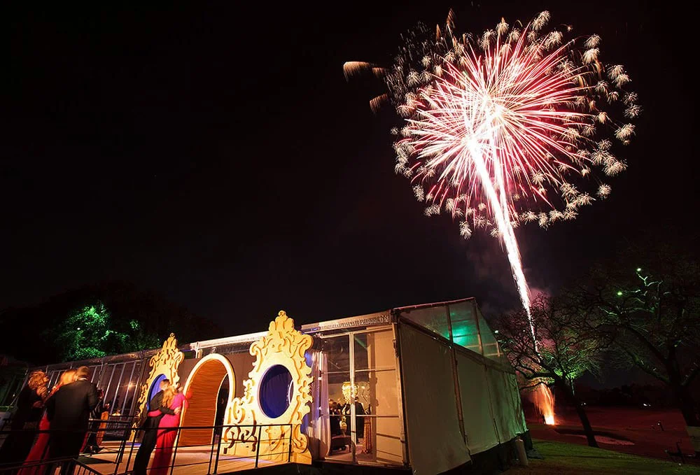 Fireworks lighting up the night sky above a grand building, with people watching from below.