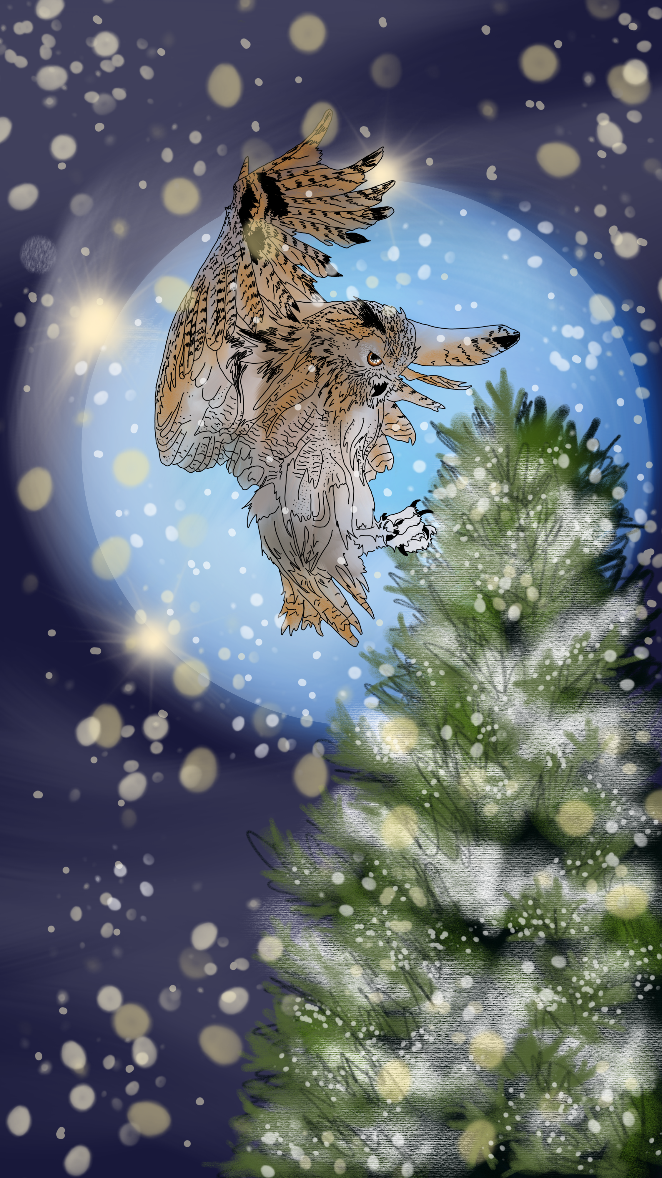 Barn owl flying through a winter night sky, nature‑inspired wildlife illustration with quiet magic by Kristin Bergene Creative.