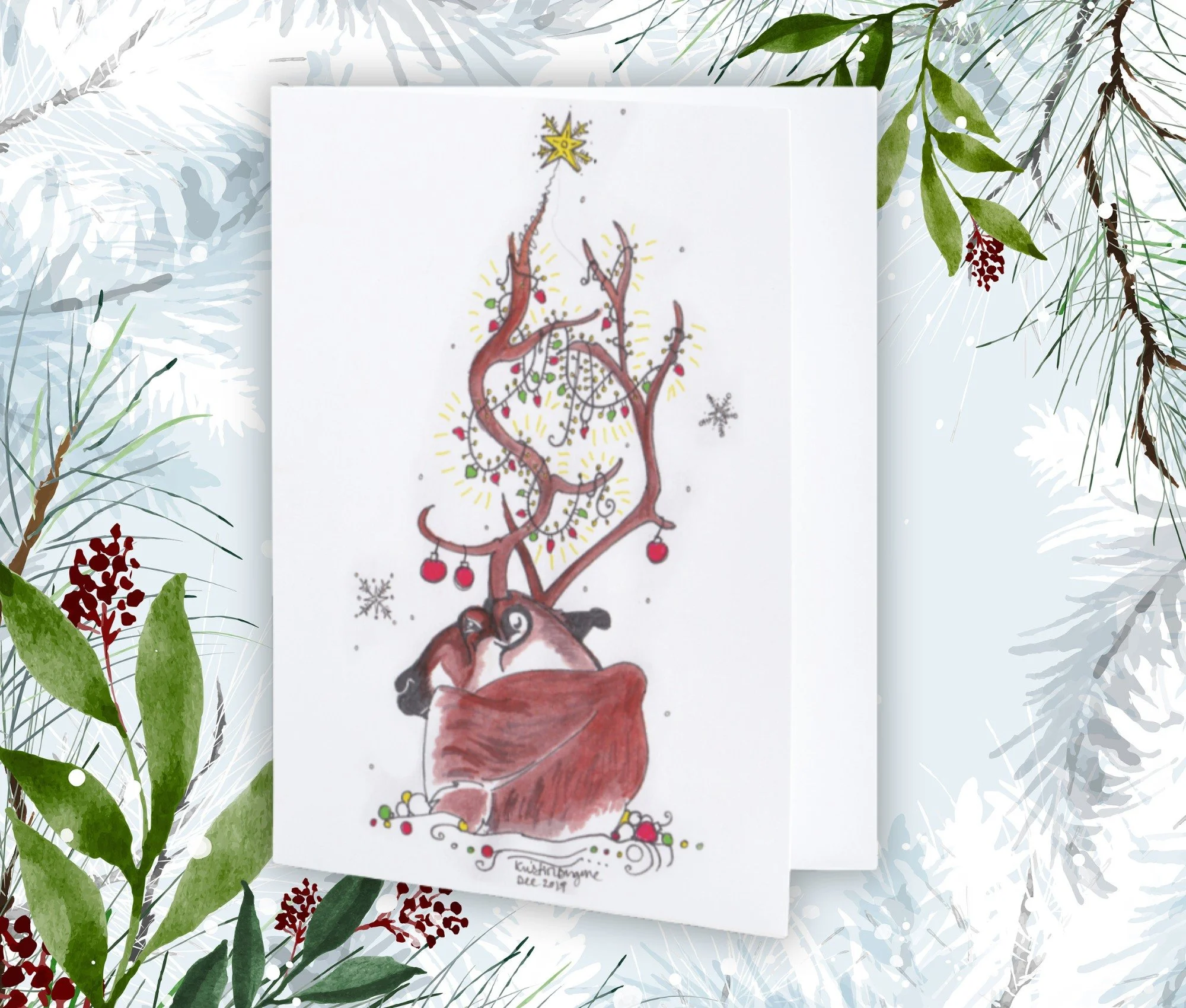 🎄✨ Reindeer Holiday Cards ✨🎄

Bring a touch of winter magic to your holiday greetings! 🦌❄️ My illustrated reindeer design, complete with delicate glass ornaments and fairy lights, is perfect for sending warm wishes, tucking in gift cards, or addin