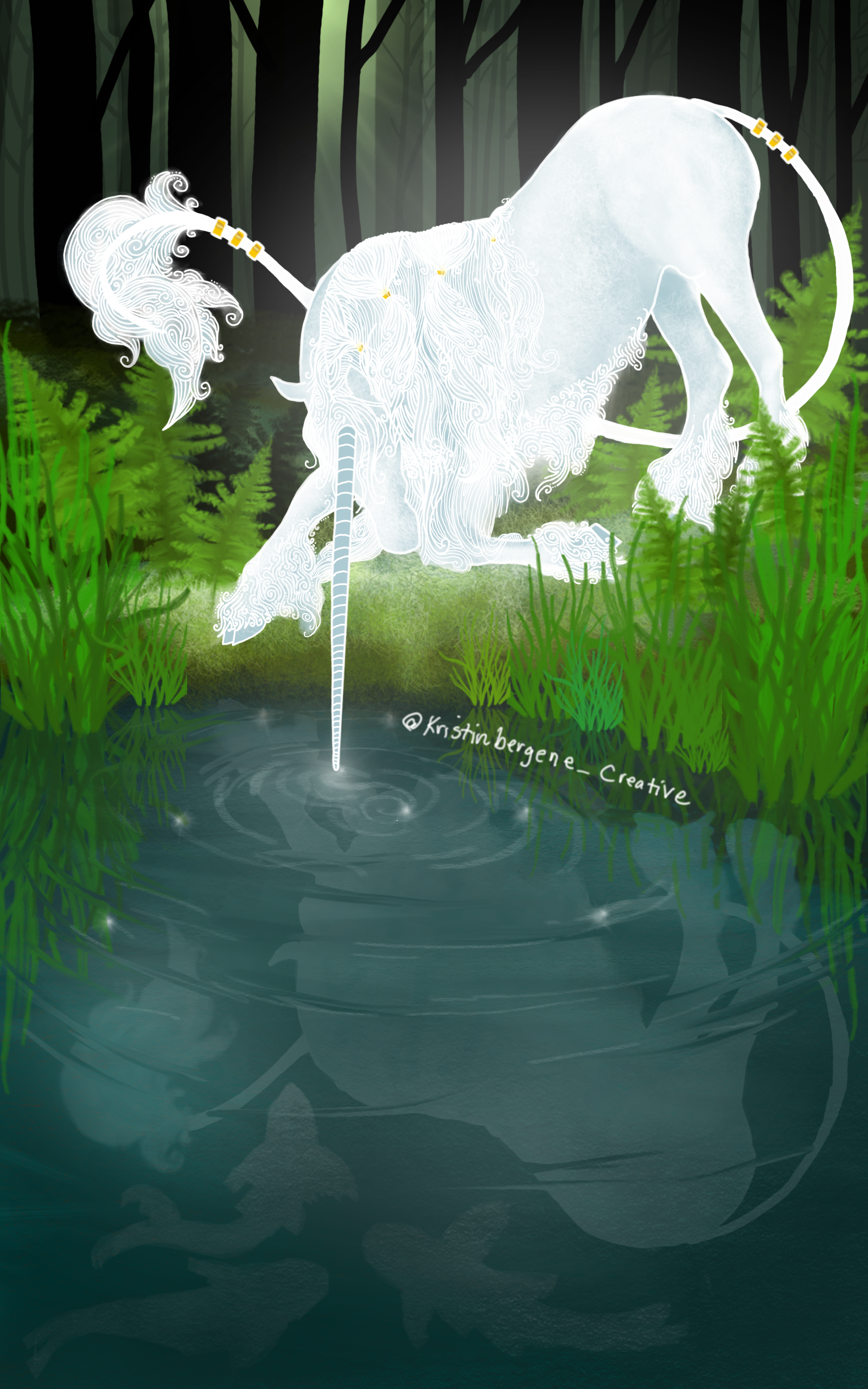 Whimsical unicorn illustration drinking from a forest pond, nature‑inspired fantasy artwork by Upstate New York illustrator Kristin Bergene.
