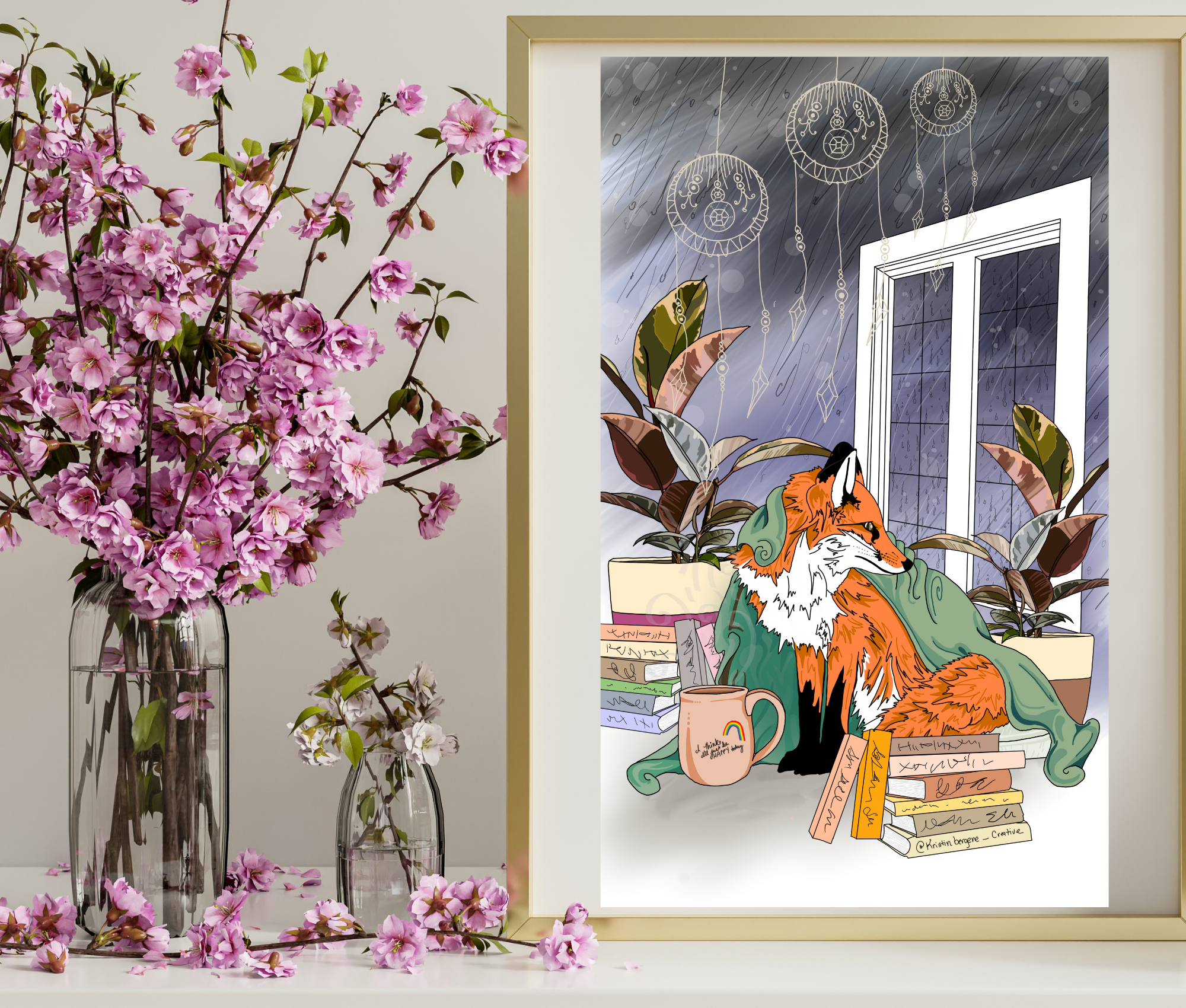 Cozy fox sitting by a window surrounded by plants and books, seasonal nature‑inspired illustration by Kristin Bergene Creative.
