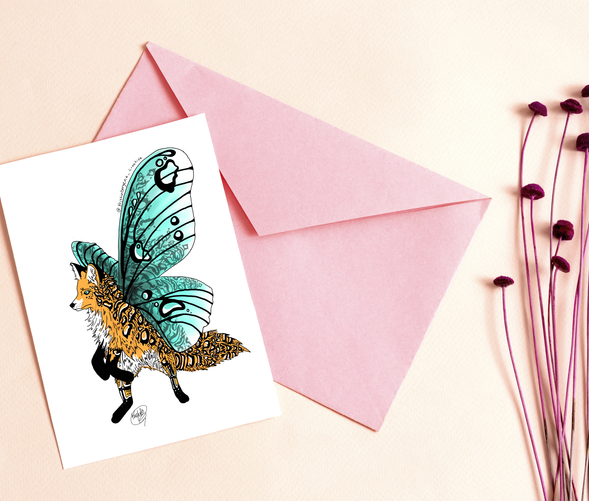 Whimsical fox with butterfly wings illustrated on a greeting card, magical animal artwork for stationery lovers by Kristin Bergene Creative.