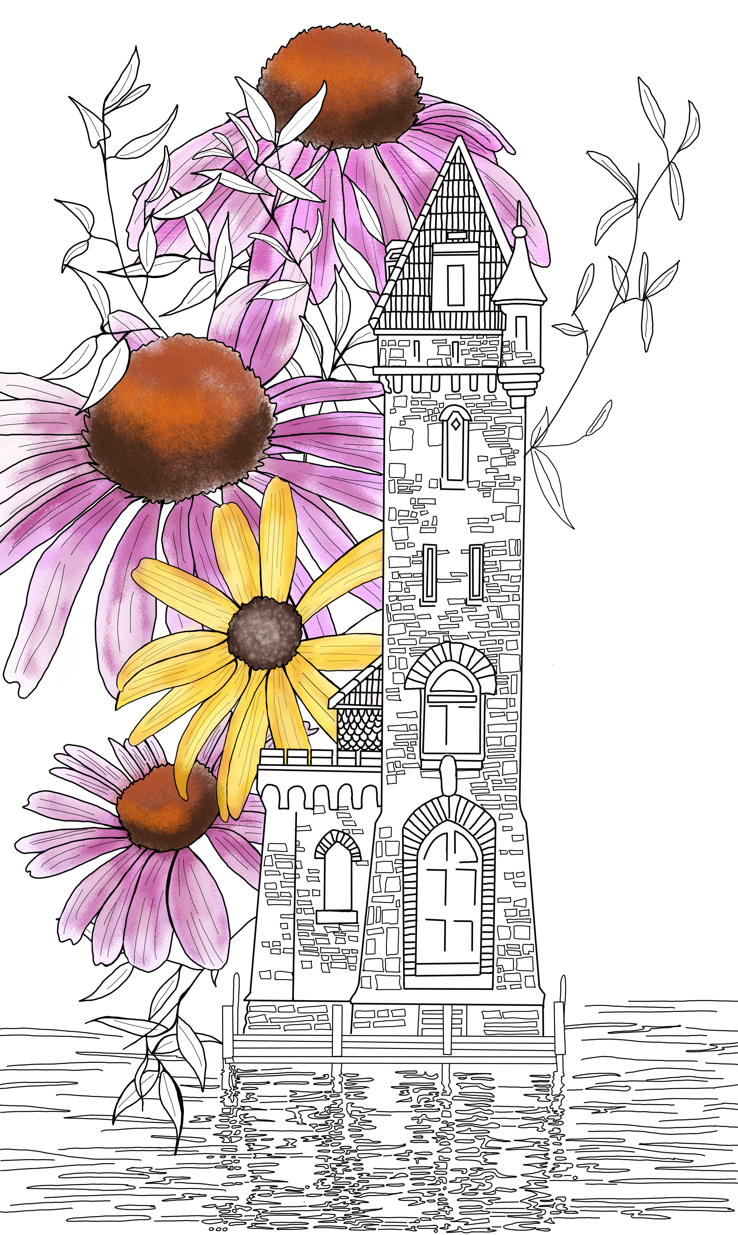 Cooperstown landmark tower surrounded by purple and yellow florals, botanical and architectural illustration by Kristin Bergene.