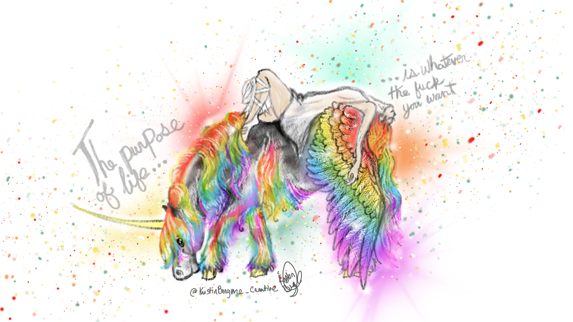 Colorful rainbow unicorn and a fairy with rainbow wingsillustration with magical accents, whimsical fantasy art by Kristin Bergene Creative.