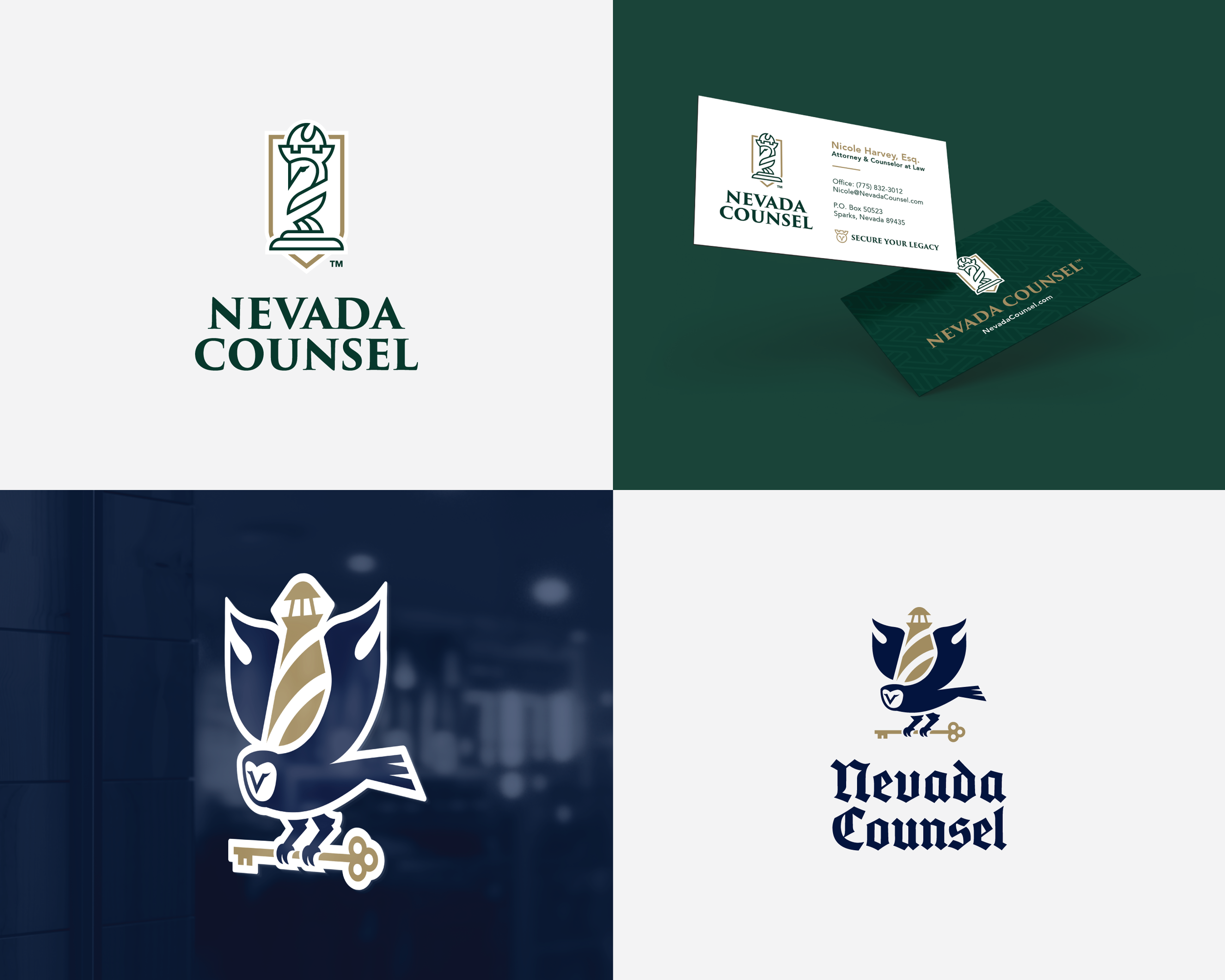 Nevada Counsel brand identity system displayed across signage, stationery, mobile, and marketing materials