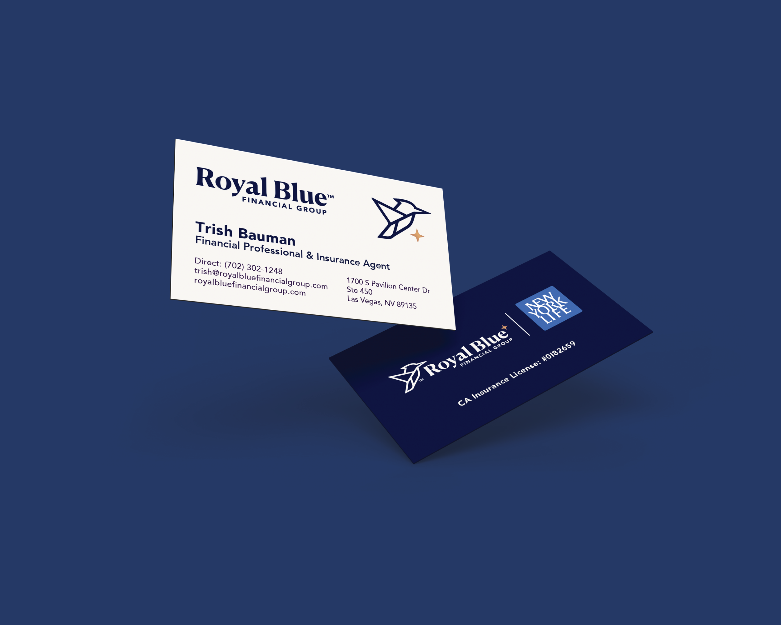 Royal Blue Financial Group premium business card design featuring the custom kingfisher logo, navy and copper brand colors, and clean typography.