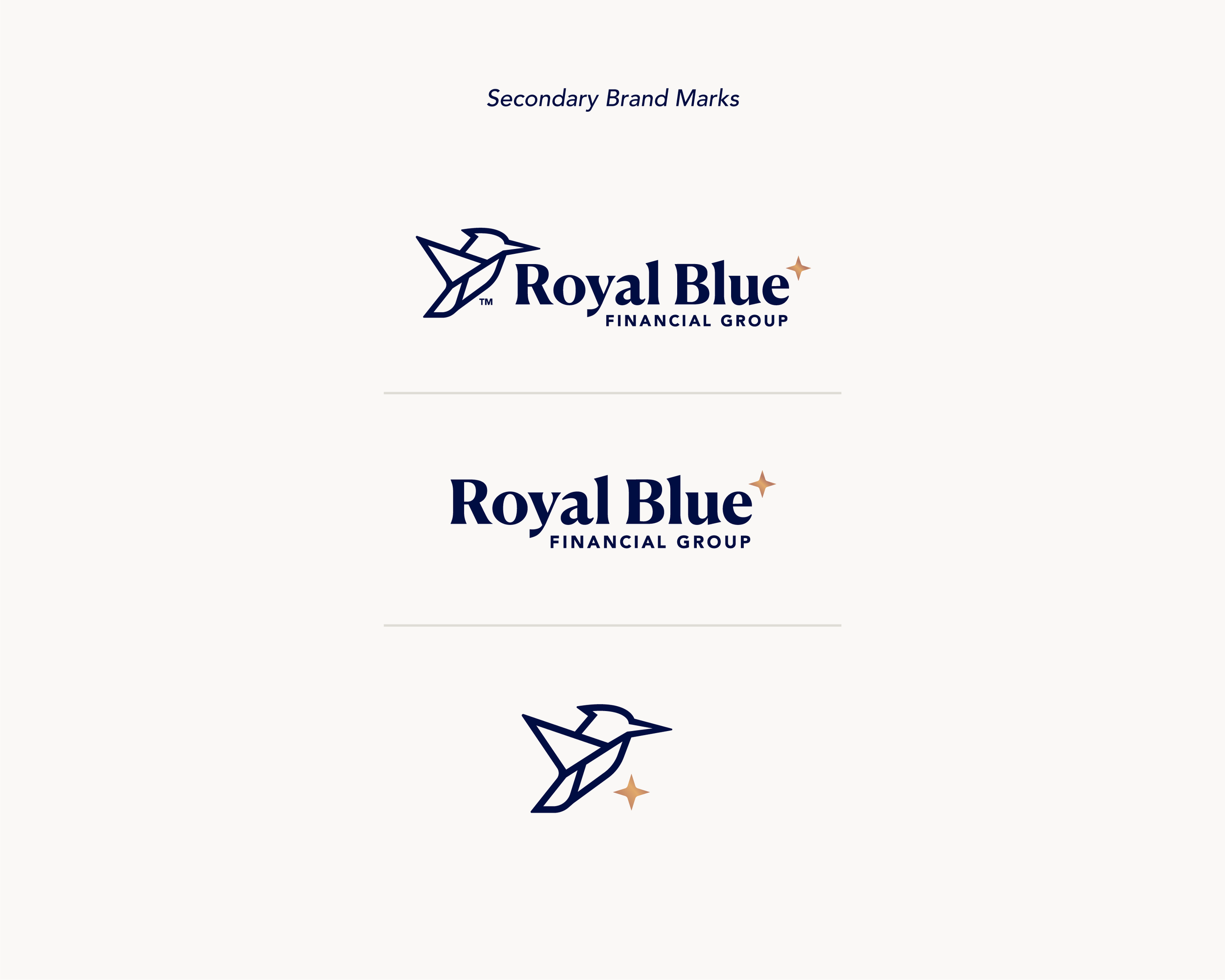 Royal Blue Financial Group secondary logo variations including horizontal logo, wordmark, and standalone kingfisher brand mark.