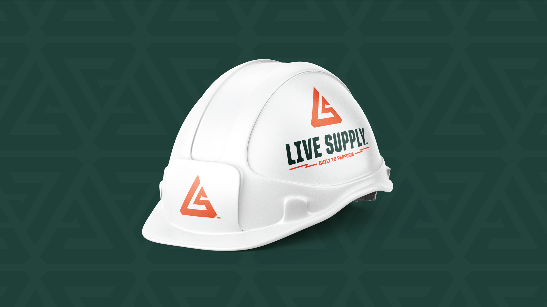 Live Supply brand identity applied to a branded construction hard hat featuring the company logo and submark.