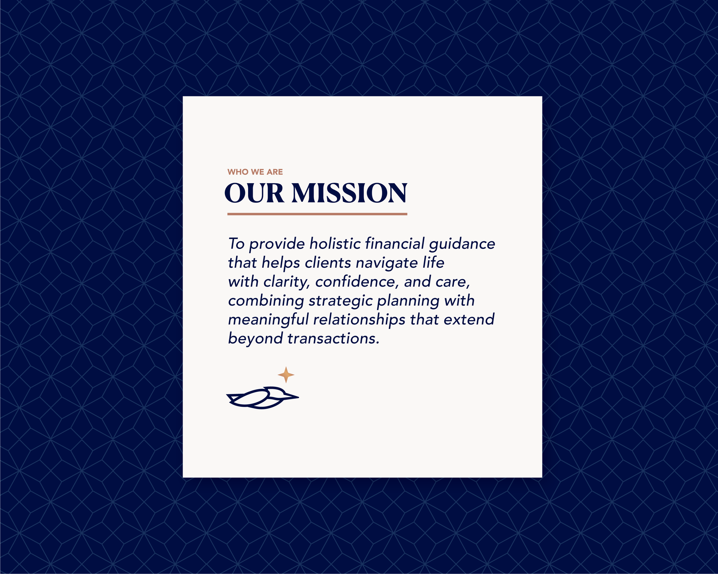 Royal Blue Financial Group mission statement page from the brand guidelines highlighting holistic financial guidance and relationship-driven planning.