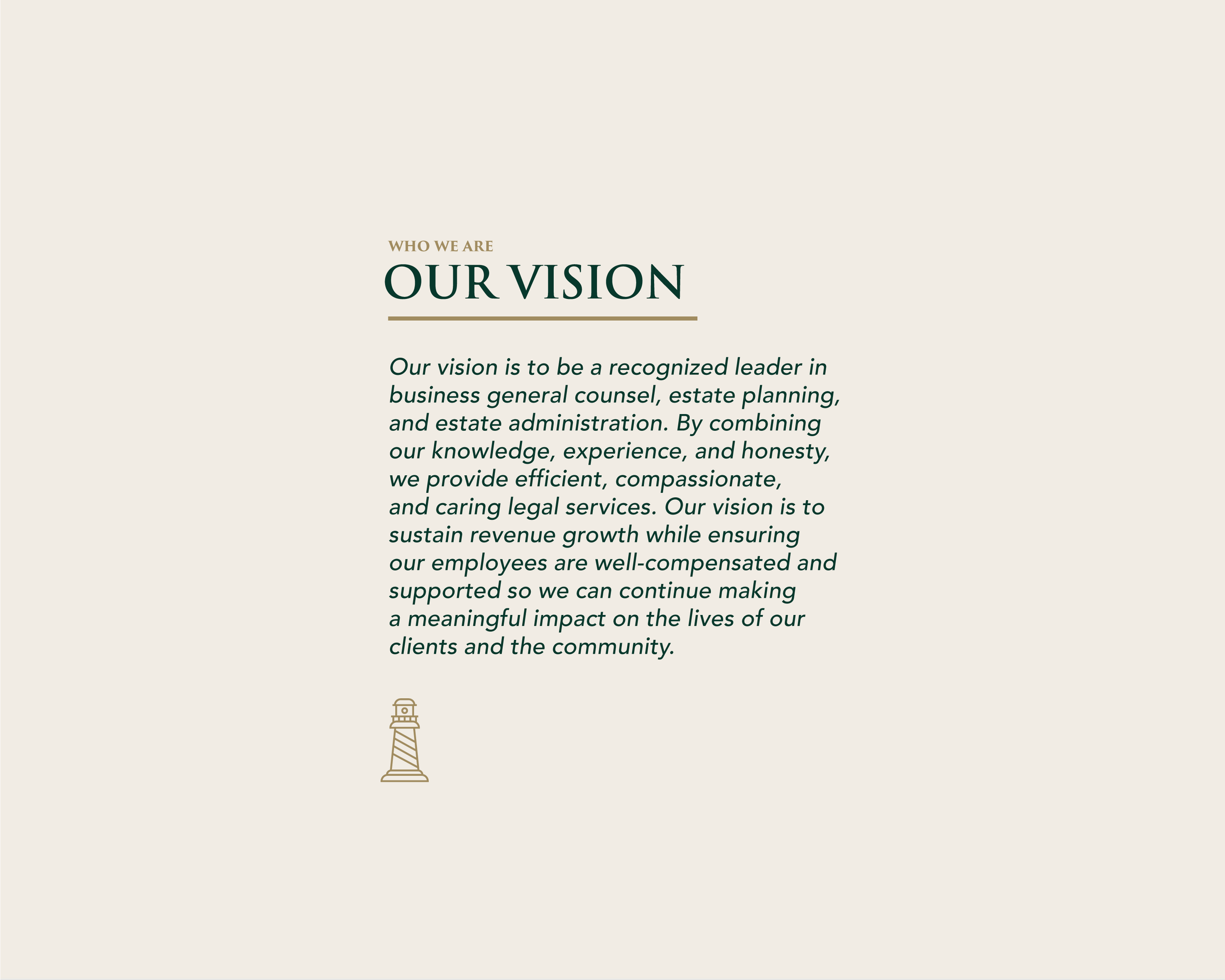 Nevada Counsel's vision statement highlighting their goal to be a leader in legal services, combining knowledge and compassion, sustaining growth, supporting employees, and making a meaningful impact on clients and the community.