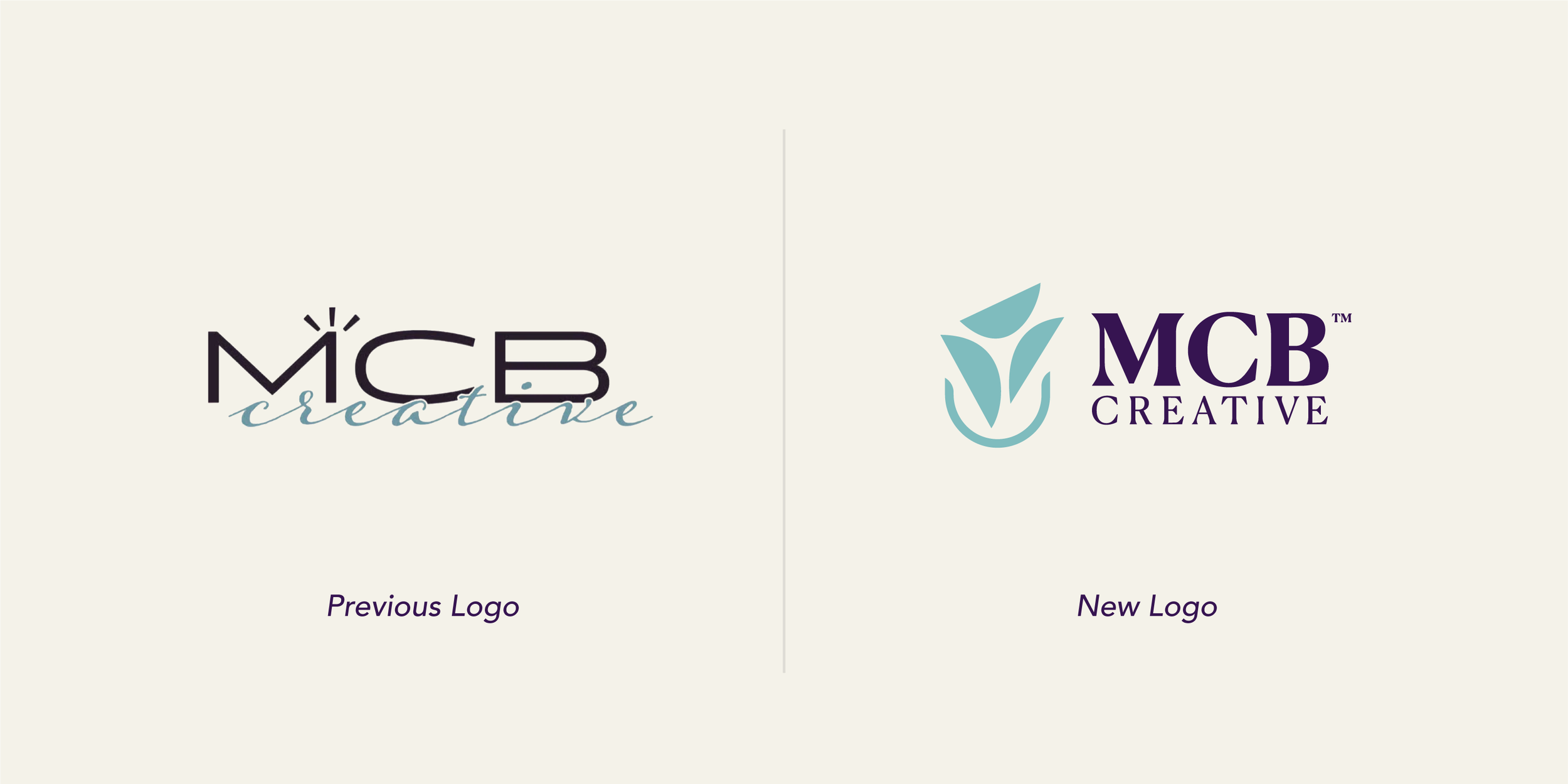 Comparison of the previous MCBCreative logo and the new brand identity, showcasing the evolution to a more strategic and sophisticated visual identity.