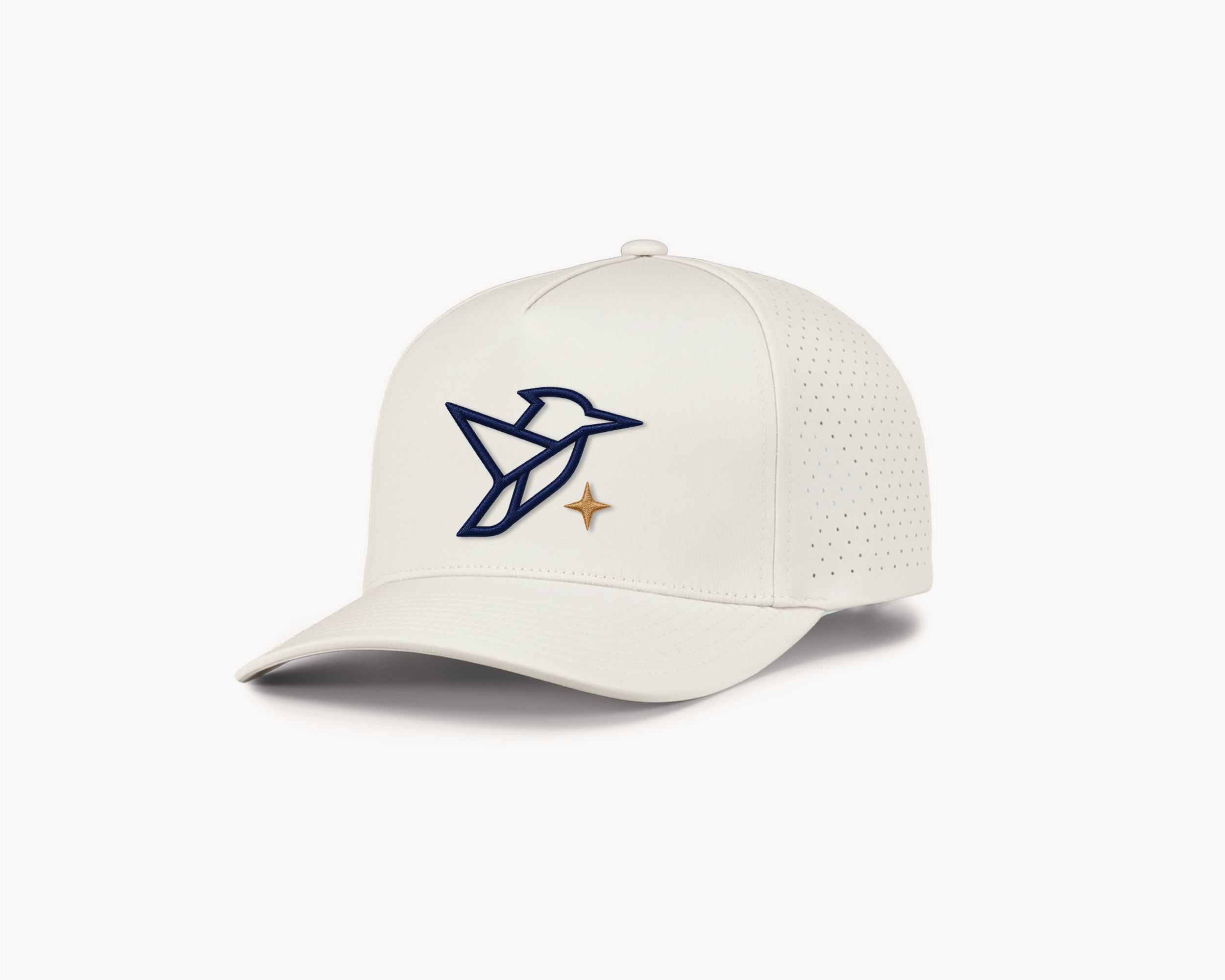 White golf cap embroidered with the Royal Blue Financial Group kingfisher logo and North Star brand mark.