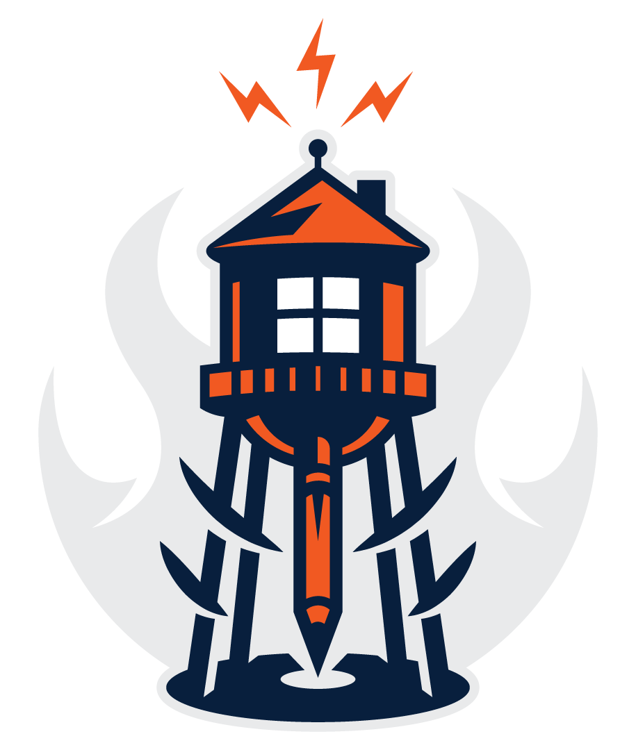 Gregg Design Company’s illustrated logo featuring a stylized water tower with flames, lightning bolts, and a pencil base symbolizing creative signal and bold ideas.