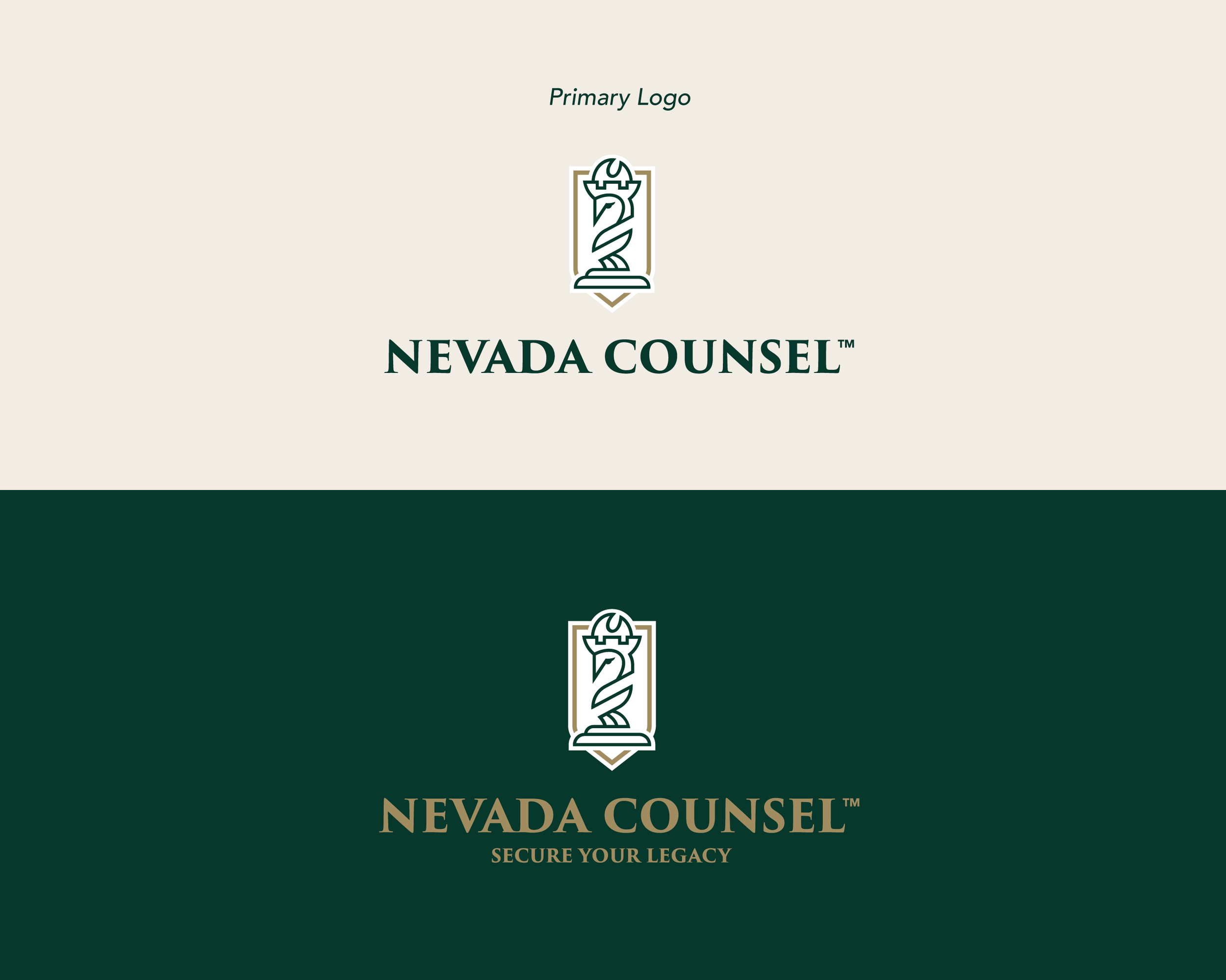 Nevada Counsel primary logo shown in two color variations featuring a custom chess rook brandmark and the tagline ‘Secure Your Legacy,’ representing strength, strategy, and protection.