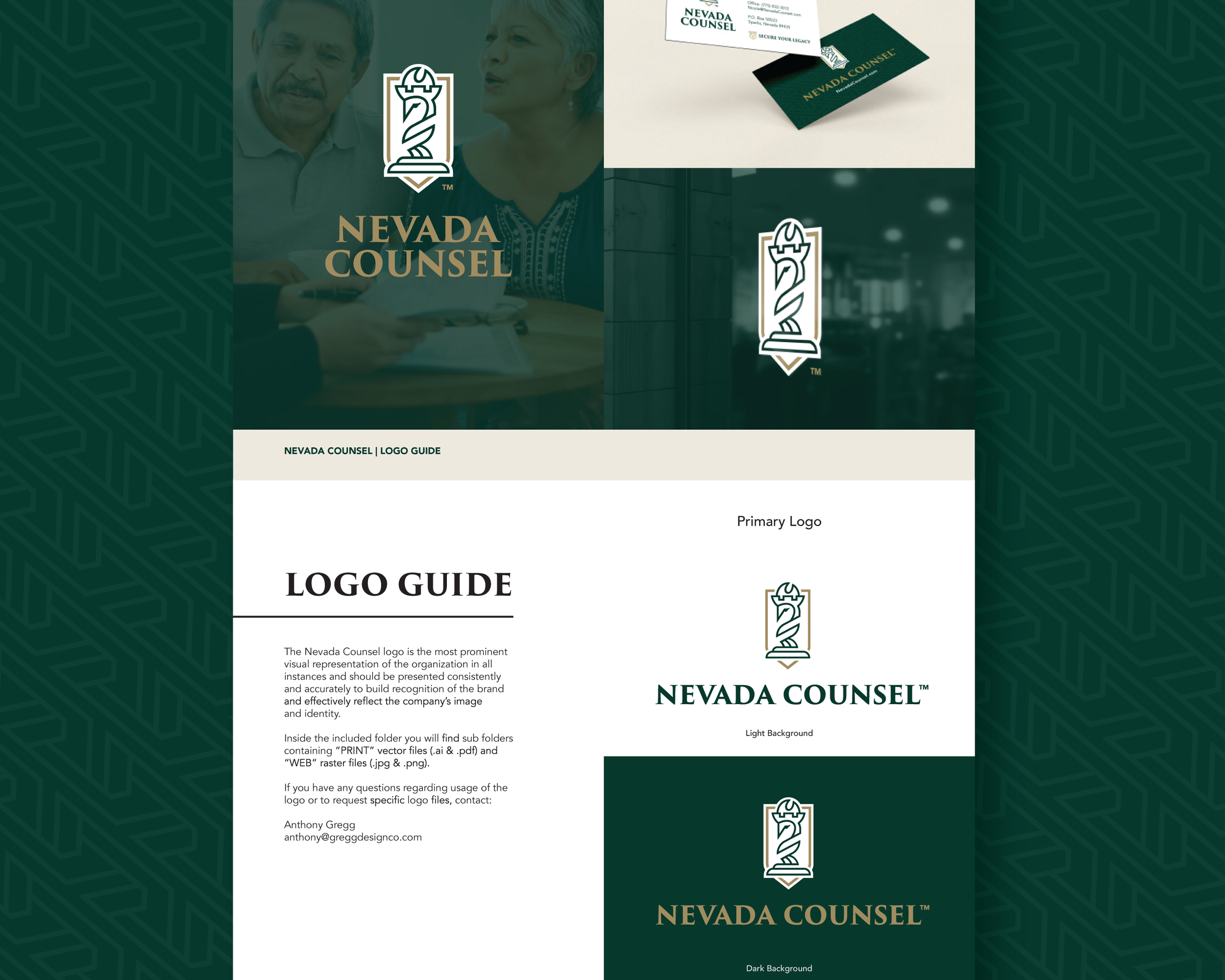 Page from Nevada Counsel’s logo guide explaining brand usage with visual examples and application rules