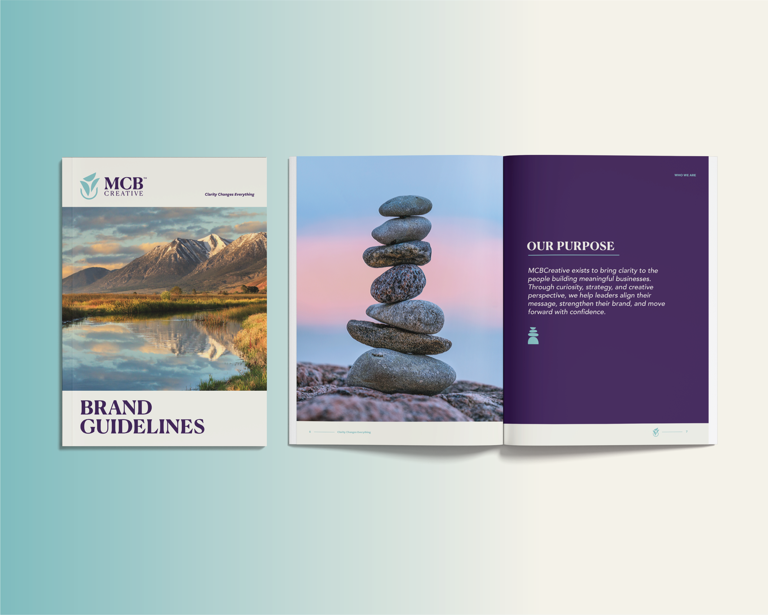 MCBCreative brand guidelines showcasing the complete visual identity system, including logo standards, messaging, and brand strategy.