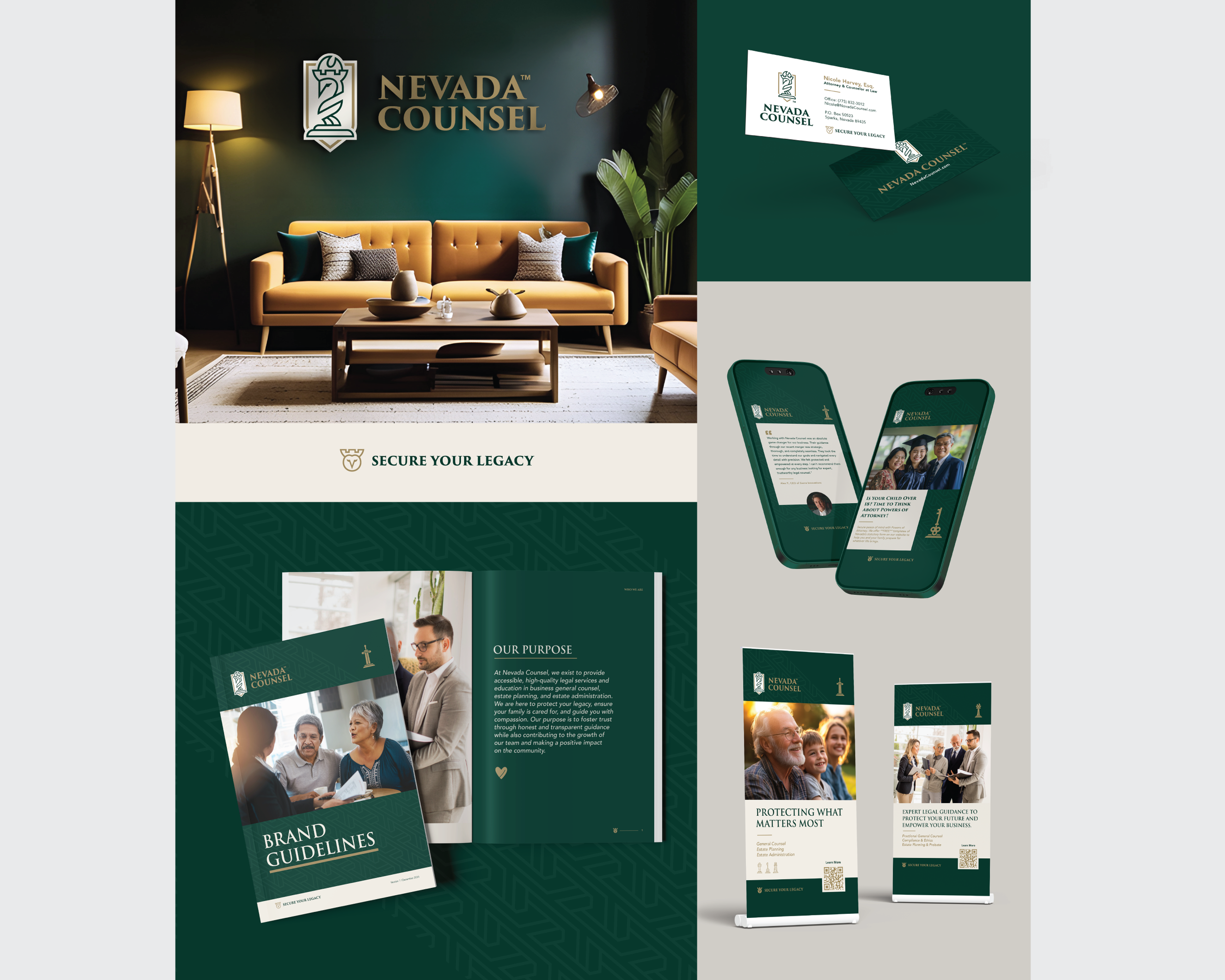 Nevada Counsel brand identity system displayed across signage, stationery, mobile, and marketing materials
