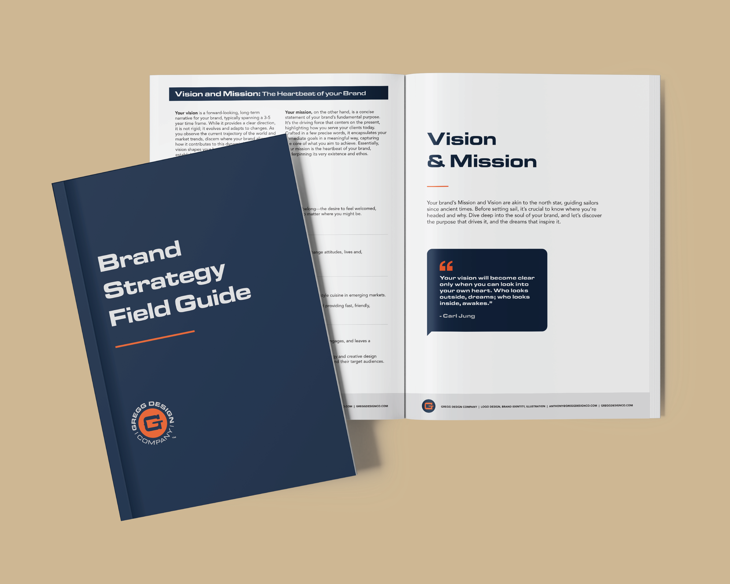 Brand Strategy Field Guide booklet by Gregg Design Company, shown open to Vision and Mission section with quote by Carl Jung.