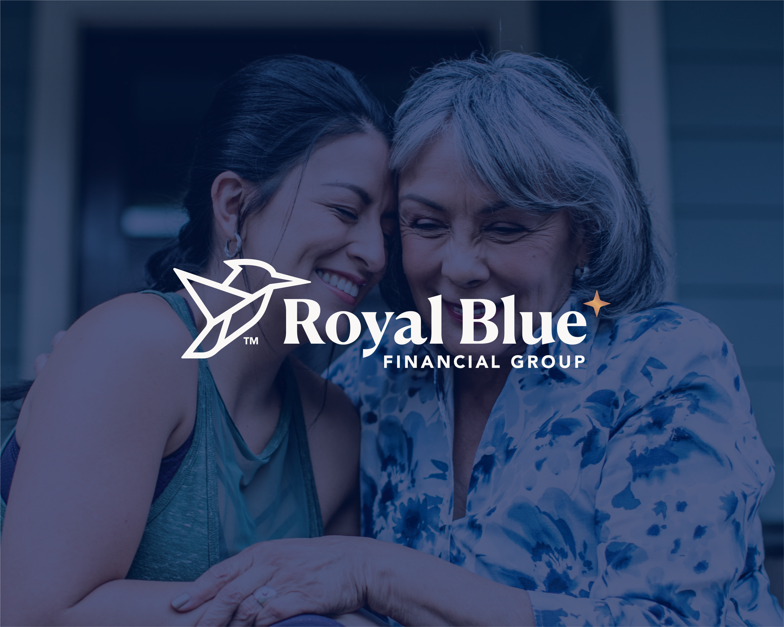 Royal Blue Financial Group brand identity showcasing the custom kingfisher logo over a lifestyle image that reflects trusted, relationship-driven financial guidance.