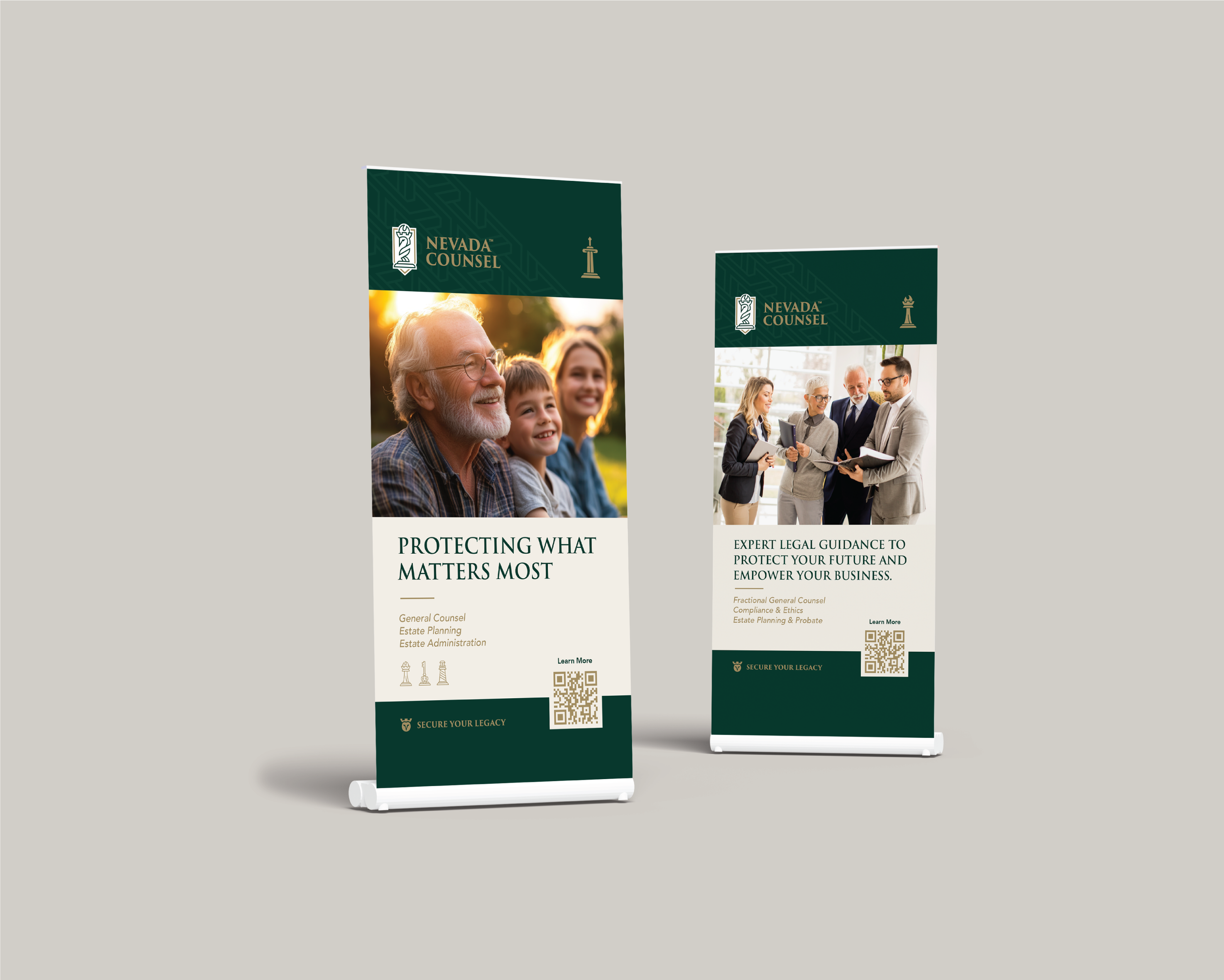 Two Nevada Counsel stand-up banners featuring the tagline "Secure Your Legacy," with services like General Counsel, Estate Planning, and Compliance. Includes professional imagery, logo, and QR codes for more information.