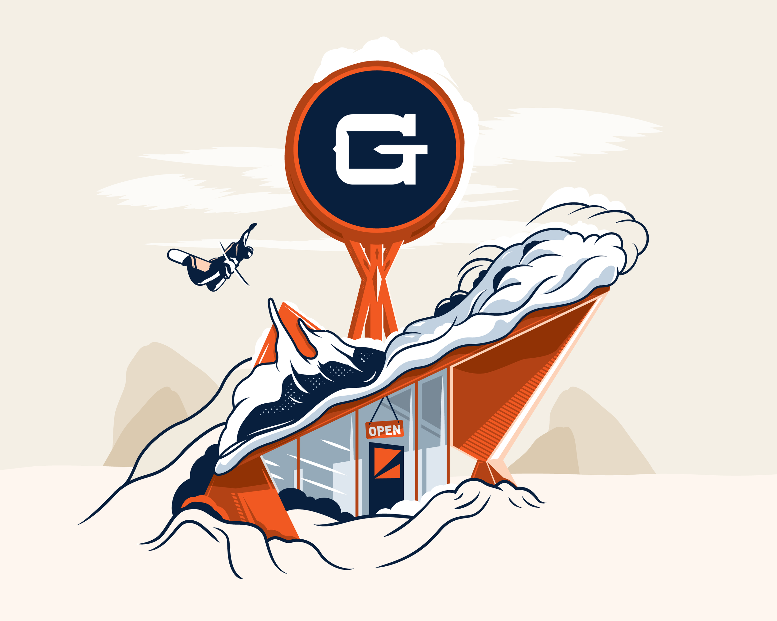 Illustration of snowboarder launching off a roof with a bold Gregg Design Co sign, symbolizing fearless brand elevation