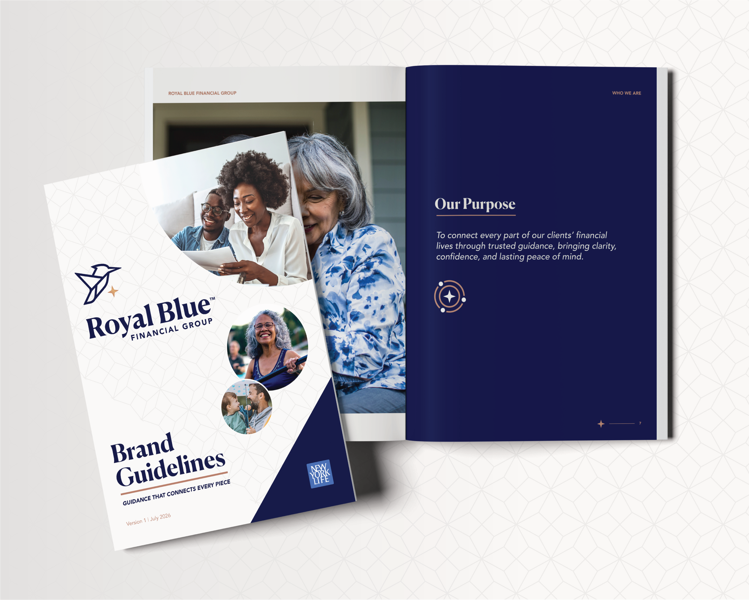 Royal Blue Financial Group brand guidelines showcasing the visual identity, logo system, color palette, and brand strategy designed by Gregg Design Company