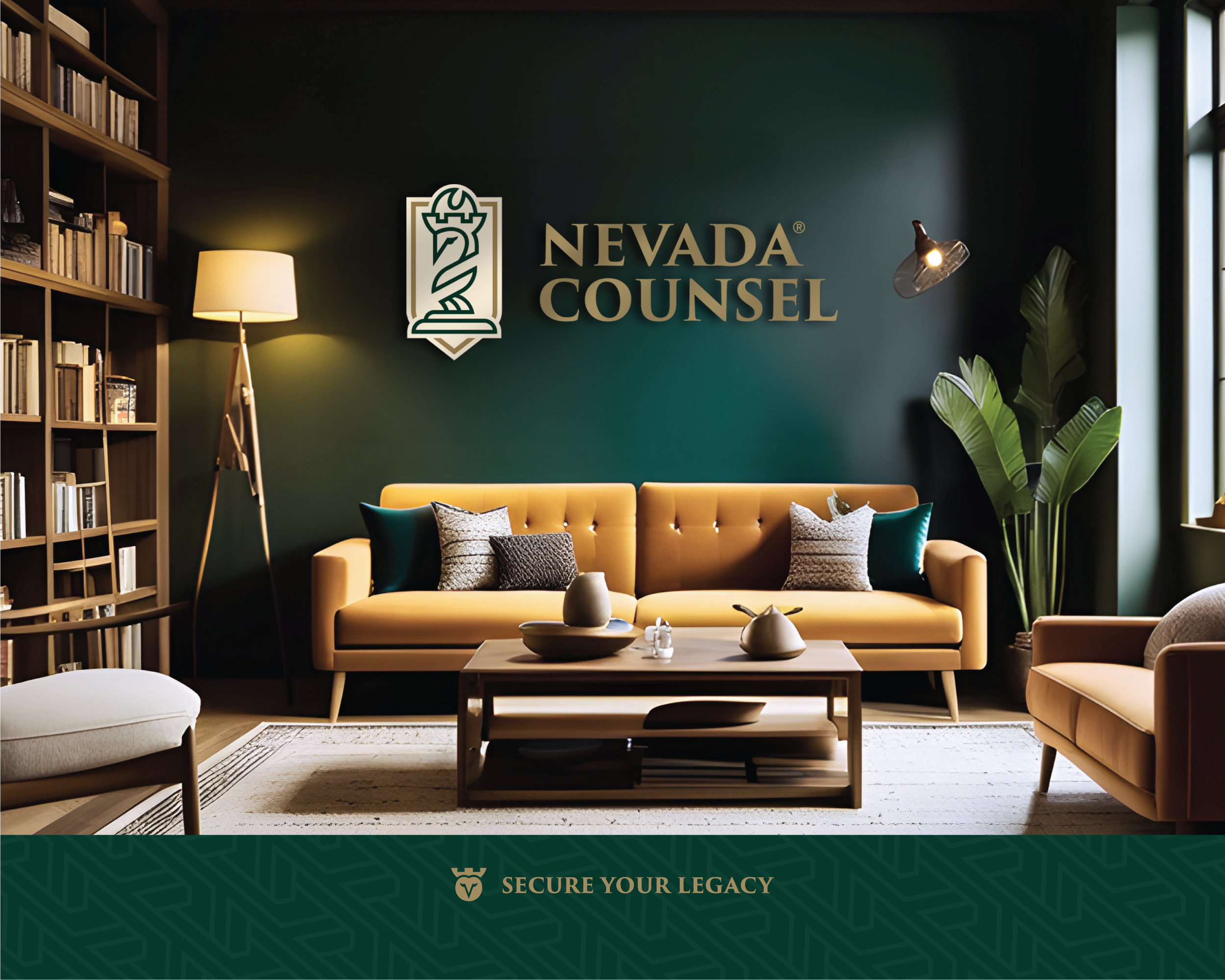Nevada Counsel law firm brand identity showcased on office interior signage with custom logo and environmental branding.